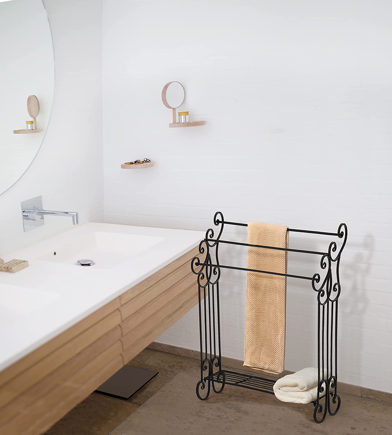 Free Standing Towel Rack 3-Tier with Storage Shelf - Space Saving Bathroom Organizer for Towels, Robes & Linens - Sturdy Metal Design for Bedroom, Laundry Room, Kitchen & Poolside Use - Matte Black Finish