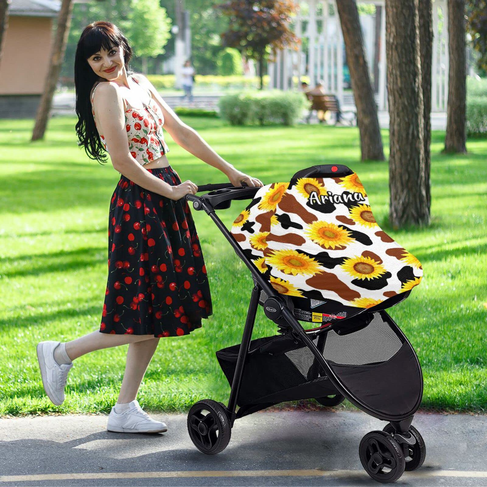 Personalized Cow Sunflower Stretch Baby Car Seat Canopy - Custom Infant Stroller Cover, Nursing Scarf & Shopping Cart Cover for Newborns | Perfect for Outdoor Walks, Shopping & Breastfeeding