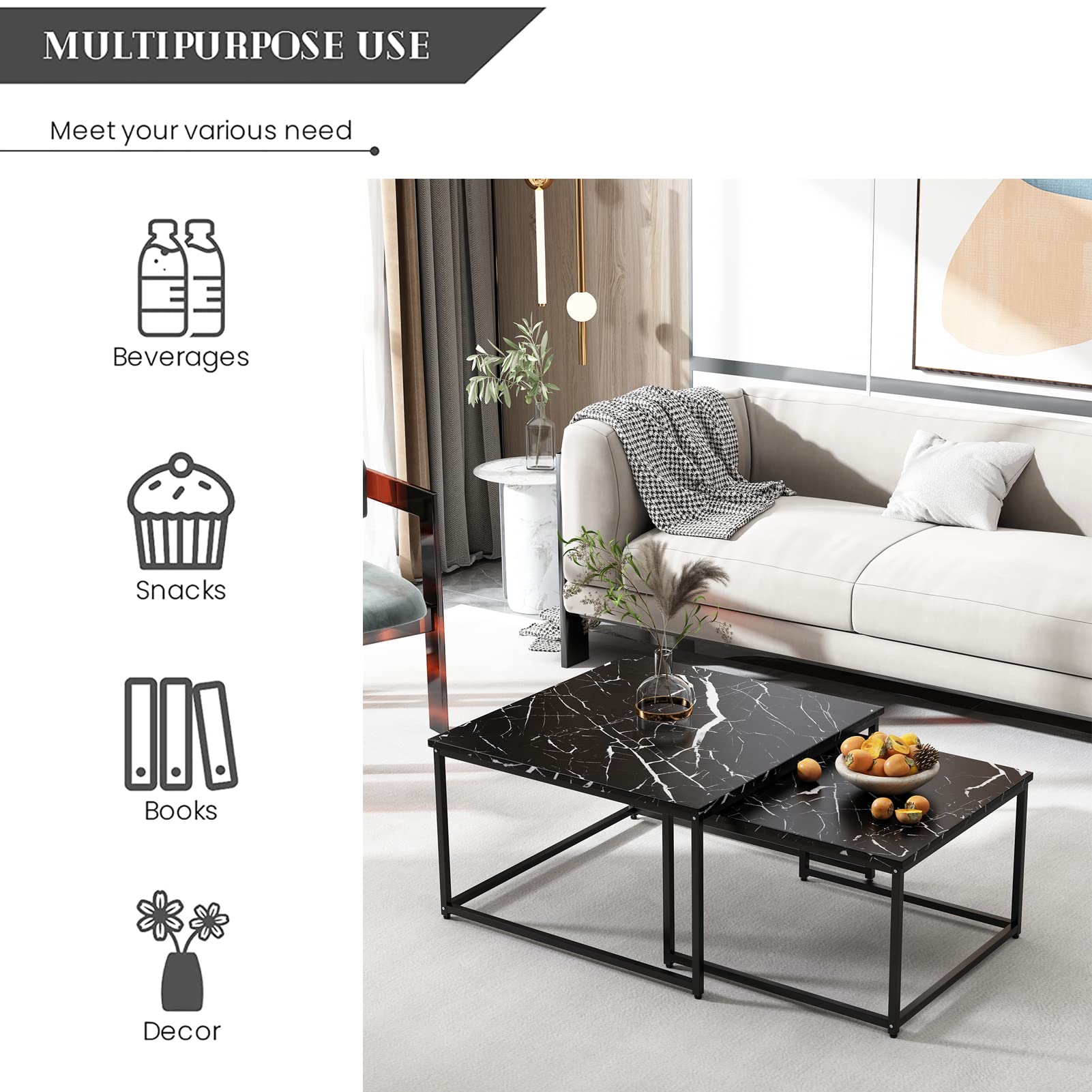 Modern Nesting Coffee Table Set of 2 - Faux Marble End Tables with Sturdy Metal Frame, Rectangle Cocktail Tables for Living Room, Bedroom or Home Office | Perfect for Small Spaces, TV Snacking and Stylish Home Decor