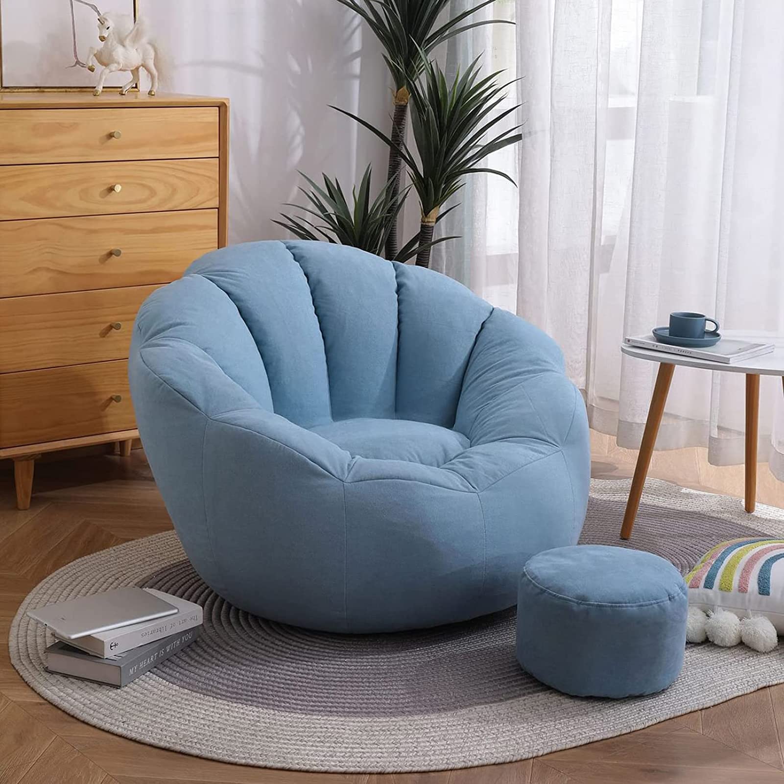 DSHOME Petal-Shaped Bean Bag Chair with Removable Cotton Cover & Foot Stool - Ultra Soft Comfy Pouf Sofa for Reading, Gaming, and Relaxing in Bedroom or Living Room