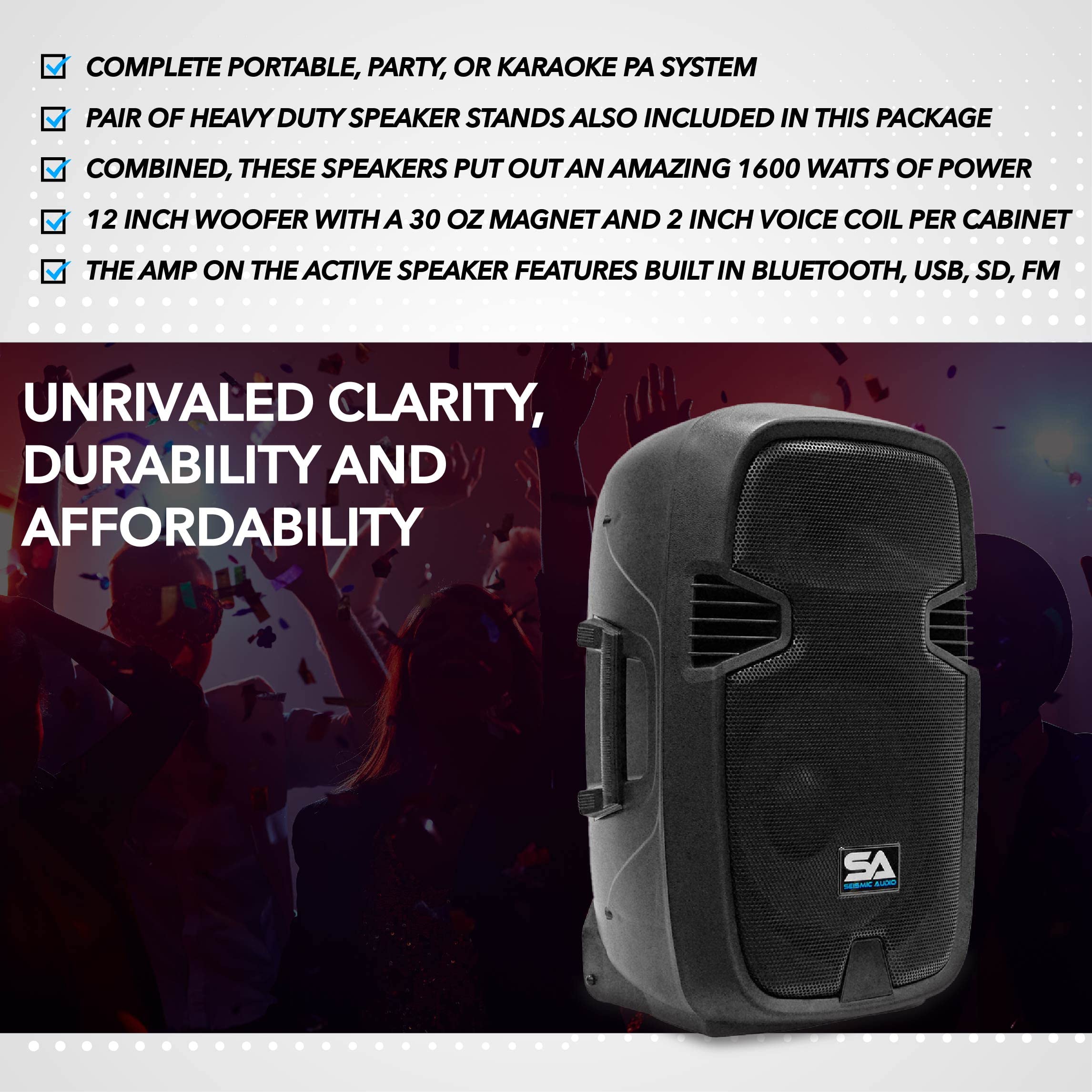 Seismic Audio 12 Inch Active PA Speaker System - Pair of Bluetooth Compatible PA Speakers for Karaoke, Live Music, DJ, and Outdoor Events