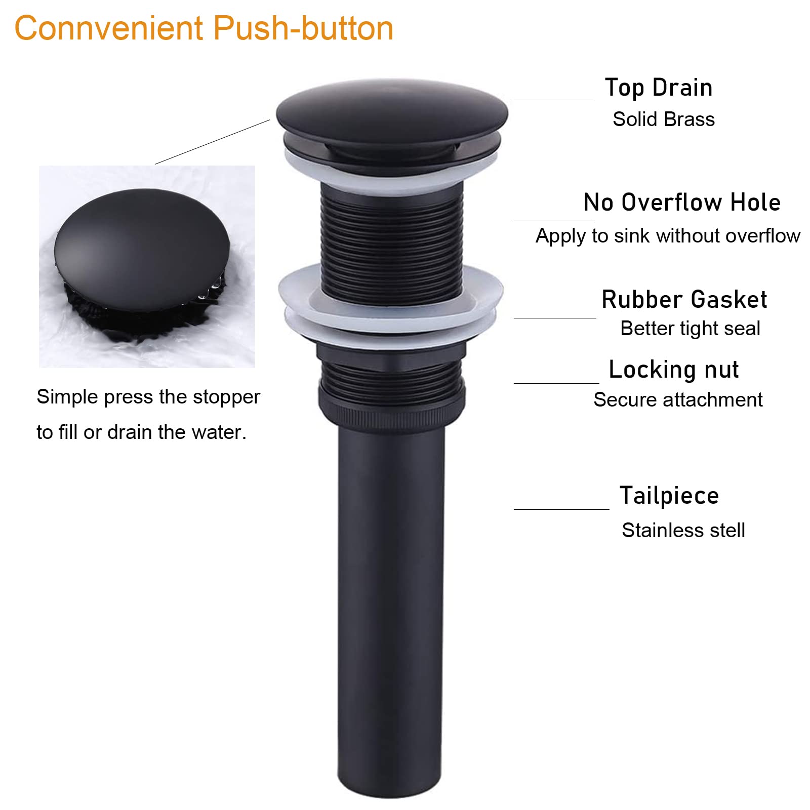 Premium Pop-Up Drain Stopper for Vessel Sinks - Matte Black Bathroom Sink Drain Without Overflow - Perfect for Modern Vanities, Lavatories & Luxury Bathroom Renovations