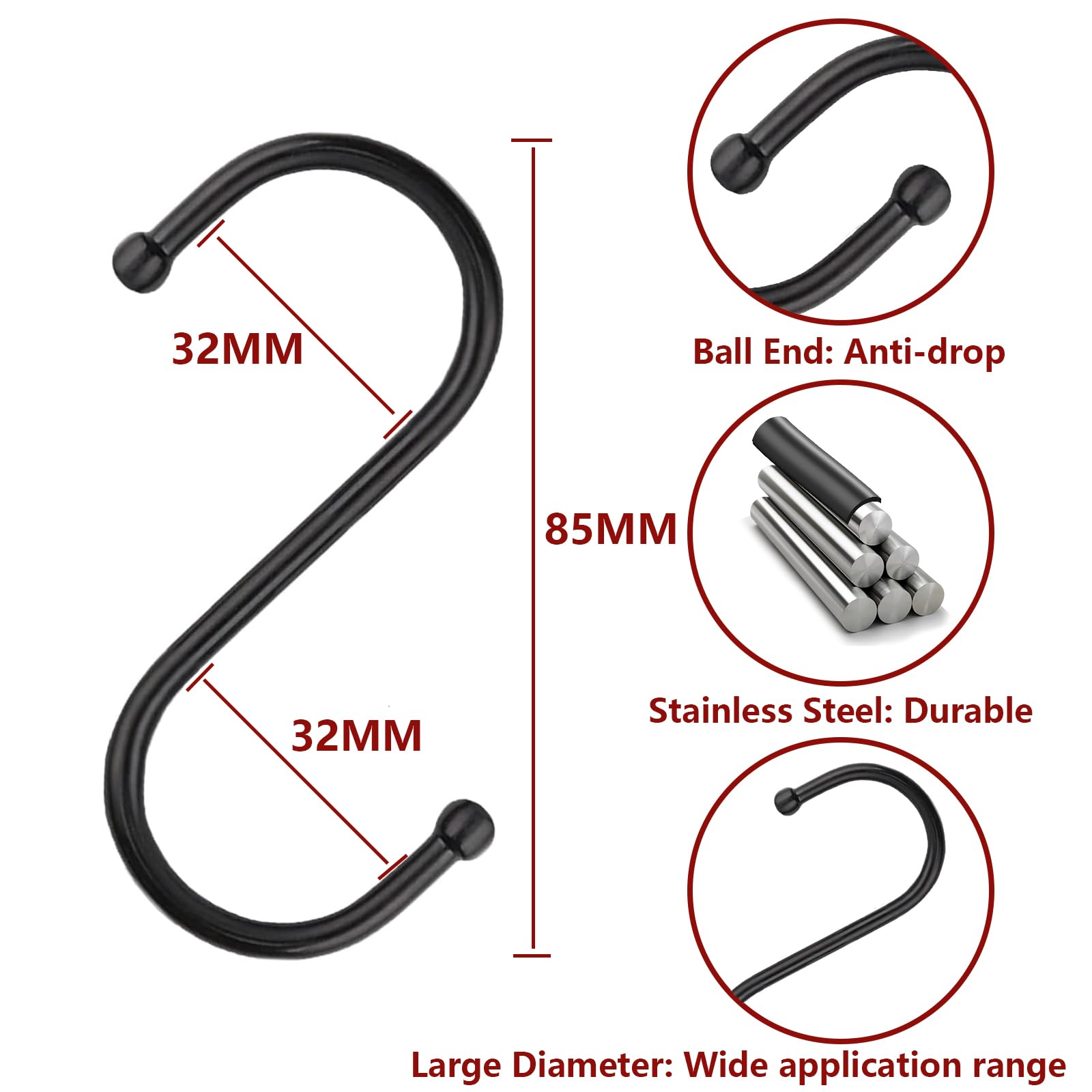 20 Pack Black S Hooks - Heavy Duty Hanging Hooks for Kitchen, Bathroom, Garden - Organize Pots, Pans, Plants & Towels - Perfect for Home, Office & Outdoor Use