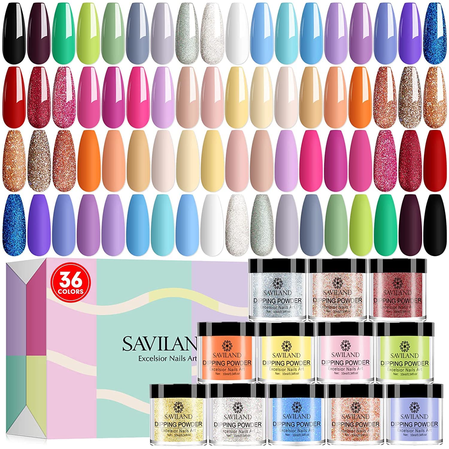 SAVILAND 36 Colors Dip Powder Set - Quick-Drying Glitter Nail Kit for DIY Salon & Home Use