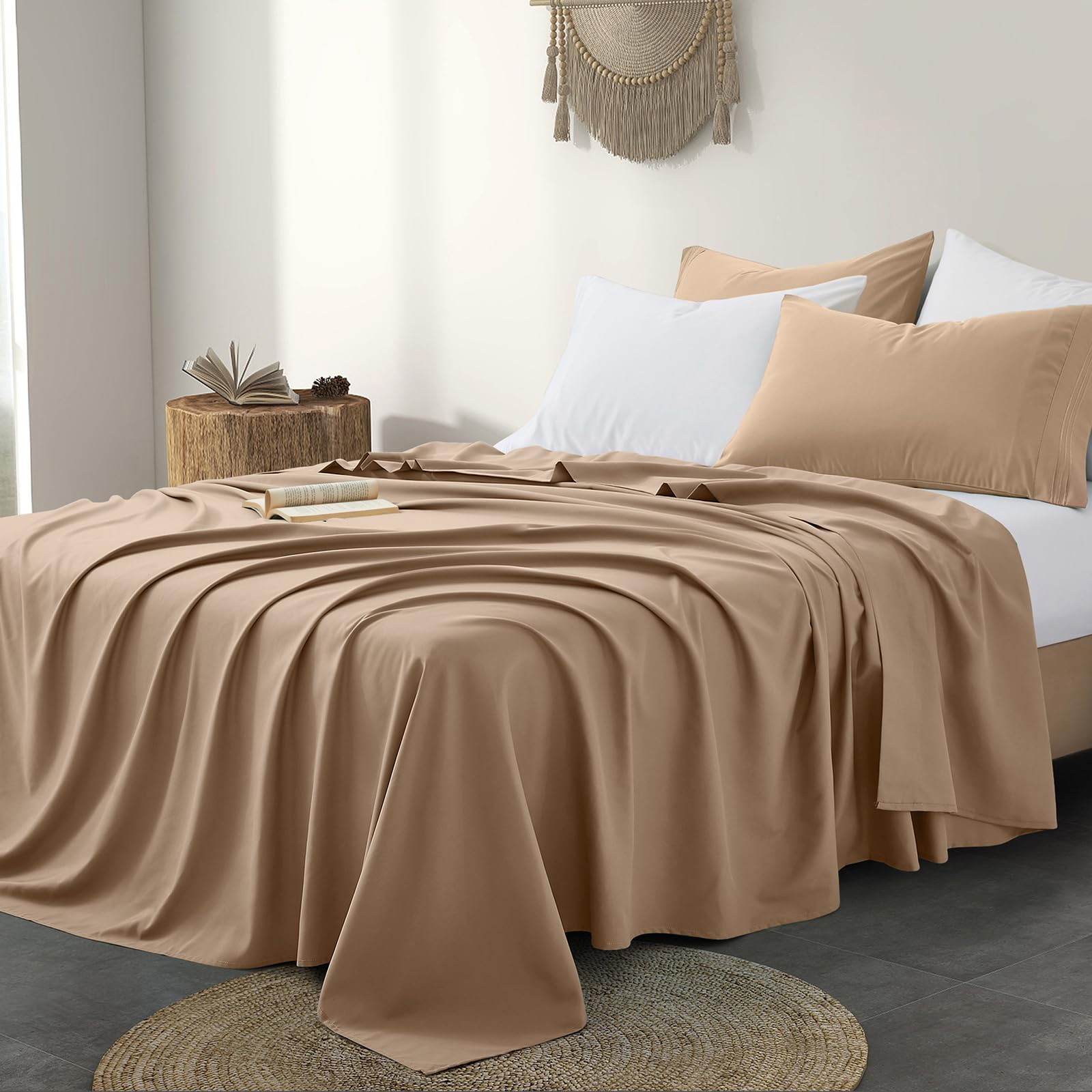 Horbaunal 2 Pack King Size Flat Bed Sheets Only - 1800 Thread Count Microfiber Taupe Wrinkle Free & Ultra Soft Top Sheets - Perfect for Master Bedroom, Guest Room or Vacation Home
