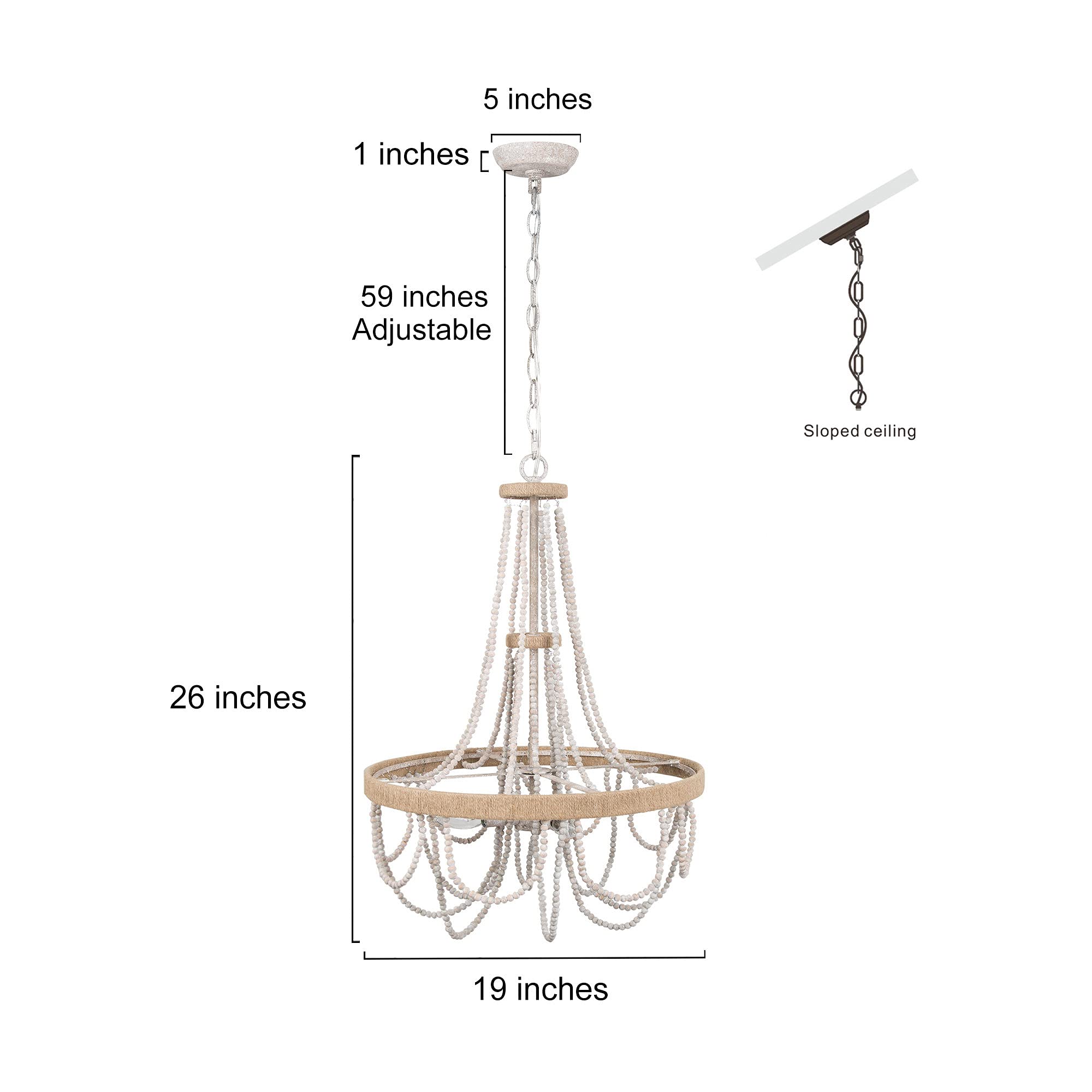 Rustic Farmhouse Wood Beaded Chandelier - 4-Light Boho Ceiling Pendant Light with Natural Hemp Ropes for Dining Room, Living Room & Bedroom Decor | Perfect for Boho, Farmhouse & Coastal Style Homes