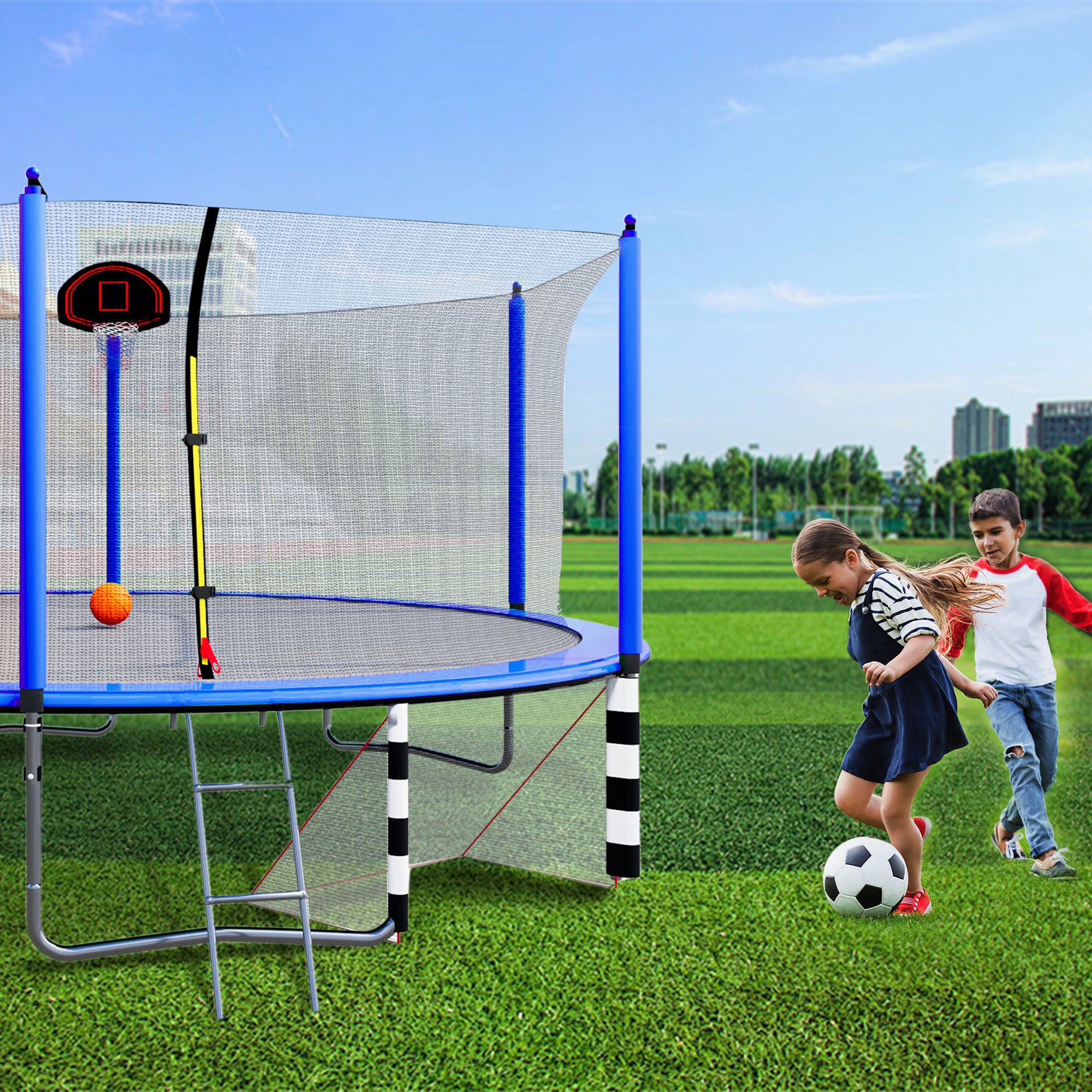 16FT Trampoline with Basketball Hoop, Pump & Ladder - Includes Inner Safety Enclosure & Soccer Goal (Blue) - Perfect for Backyard Fun, Outdoor Exercise & Family Bonding Activities