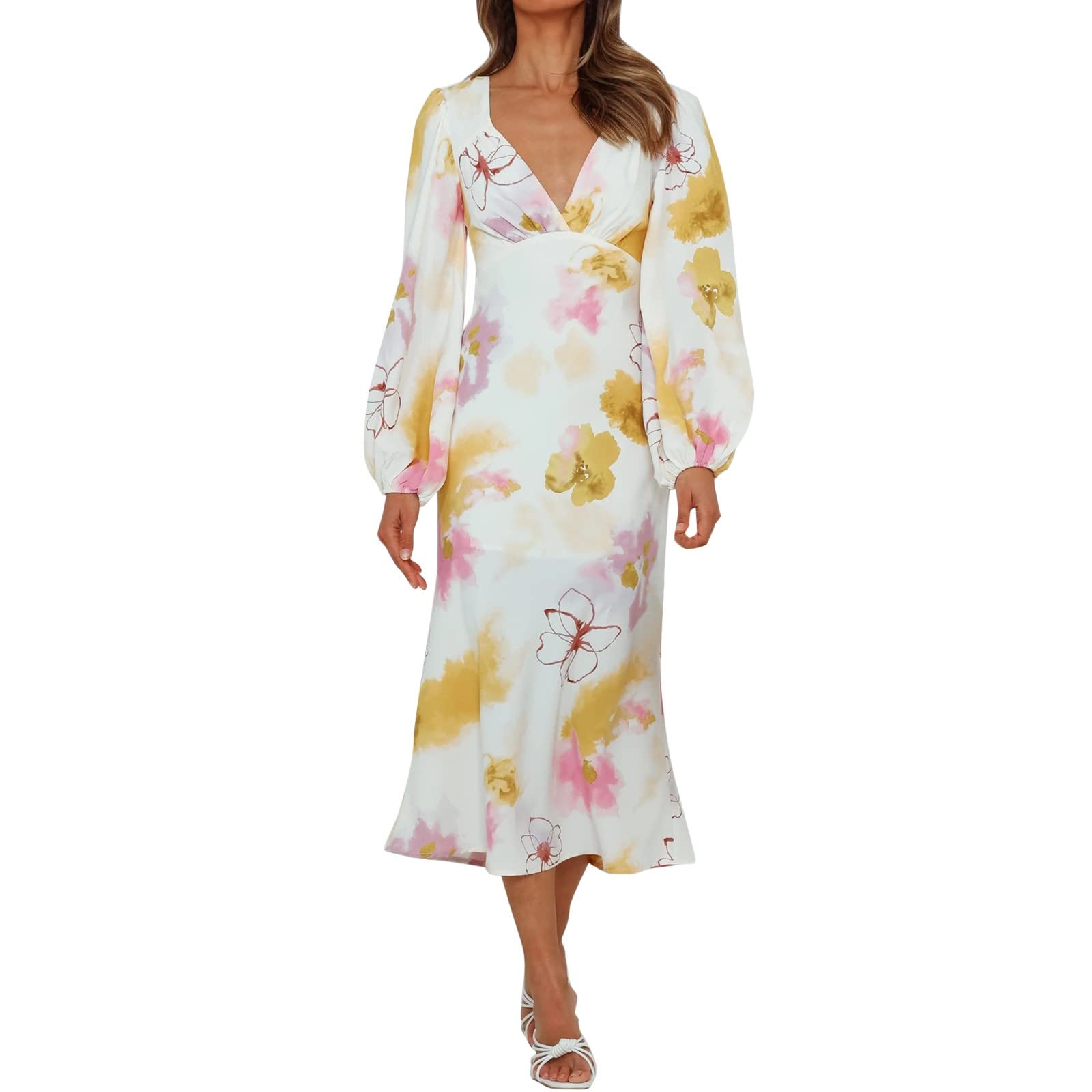 Women's Long Sleeve Boho Floral Print A-Line Swing Midi Dress - Casual Chic Crewneck Dress for Fall & Winter, Perfect for Parties, Dates & Office Wear
