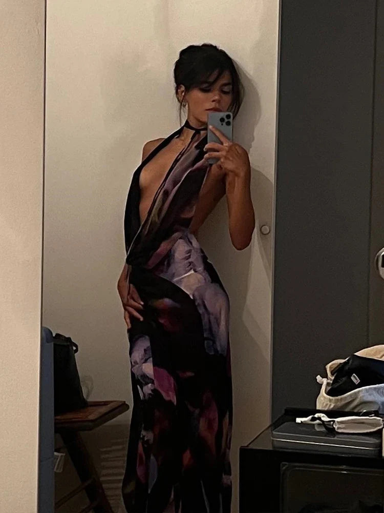 Sexy Purple Print Backless Maxi Dress for Women - Halter Bodycon Summer Beach Dress, Elegant Sleeveless Club Party Outfit 2022 | Perfect for Beach Vacations, Night Parties & Date Nights