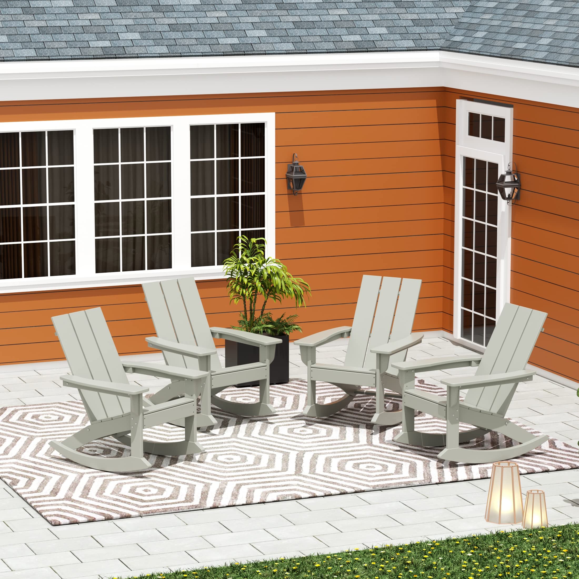 **WO Home Furniture 4-Piece Patio Rocking Chair Set - Modern Outdoor HDPE UV-Resistant Rocking Chairs (Sand) - Perfect for Backyard, Garden, and Poolside Relaxation**