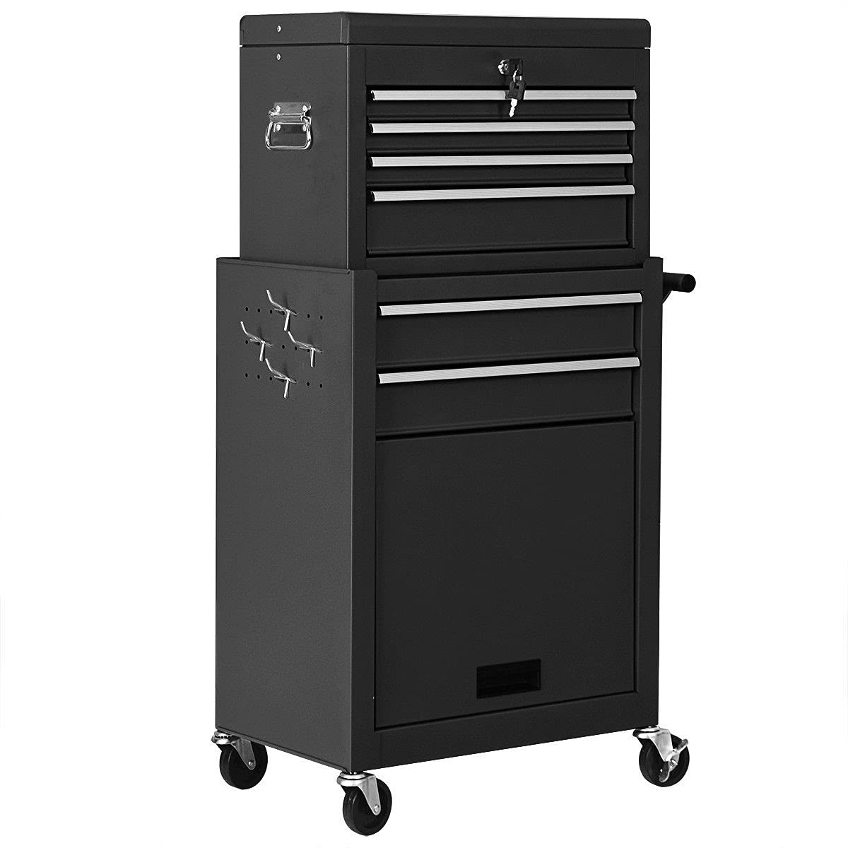 2-Piece Black Portable Rolling Tool Chest with Removable Drawers - Heavy-Duty Steel Toolbox Organizer for Garage, Workshop & Home Storage - Perfect for Mechanics, Craftsmen & DIY Enthusiasts