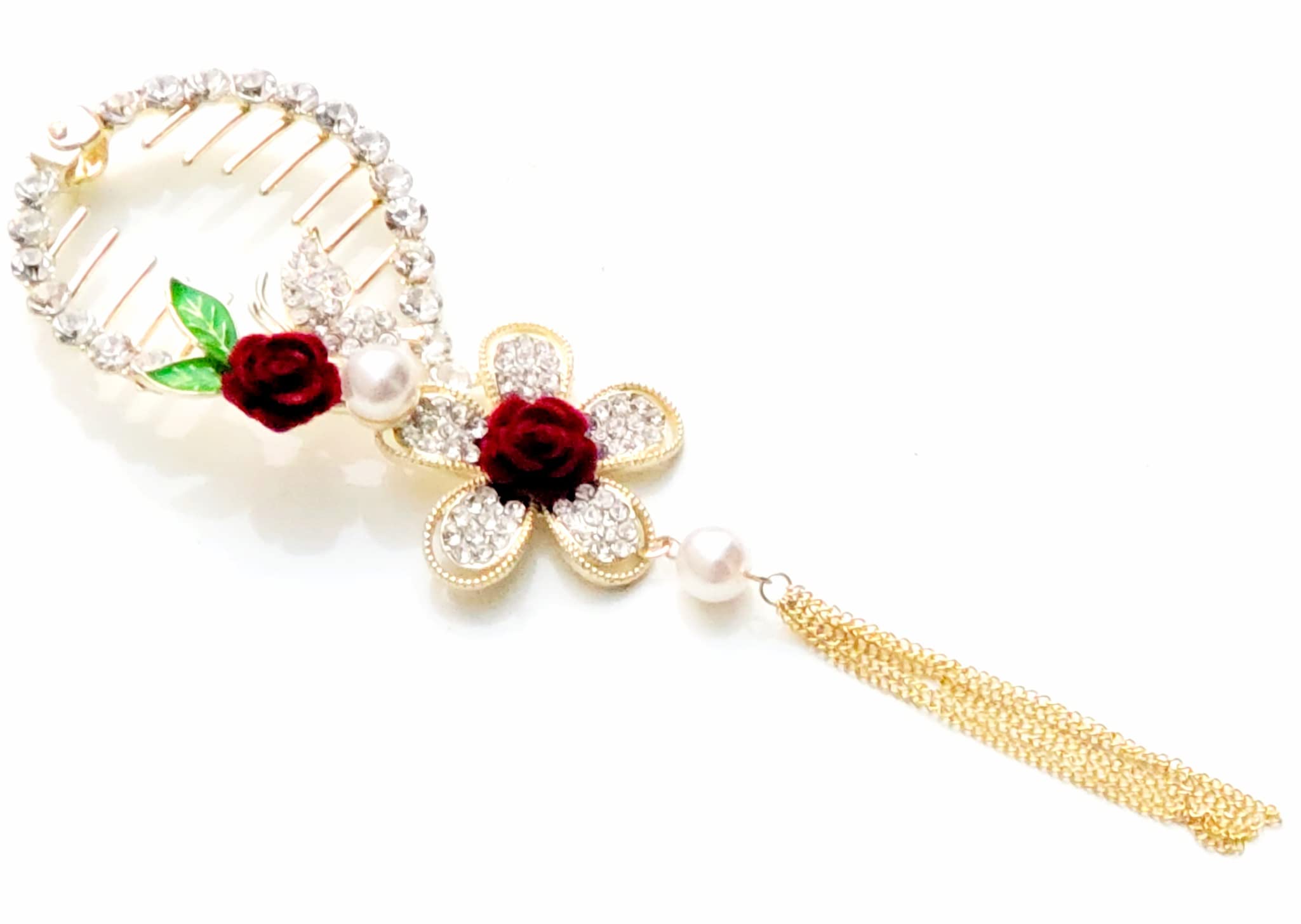 JSR Premium Stylish Hair Clips for Women & Girls - Red Flower Stone Studded Hair Accessories | Elegant Hair Clips for Women, Teens & Kids | Perfect for Weddings, Parties & Daily Use
