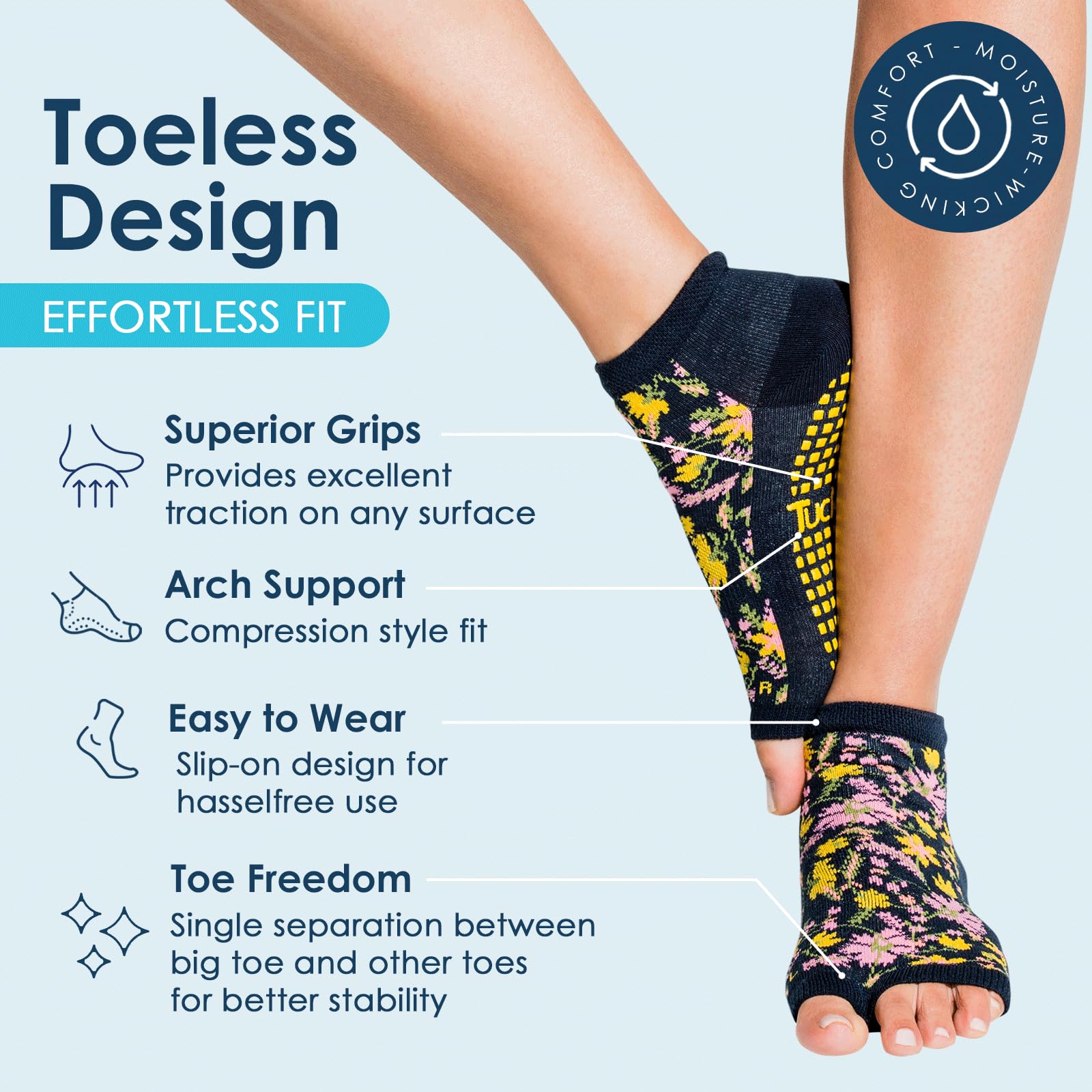 Non-Slip Toeless Yoga Socks with Grips for Women - Tucketts Ankle Pilates & Barre Socks (Size 5-13) - Perfect for Yoga, Pilates, Barre & Home Workouts