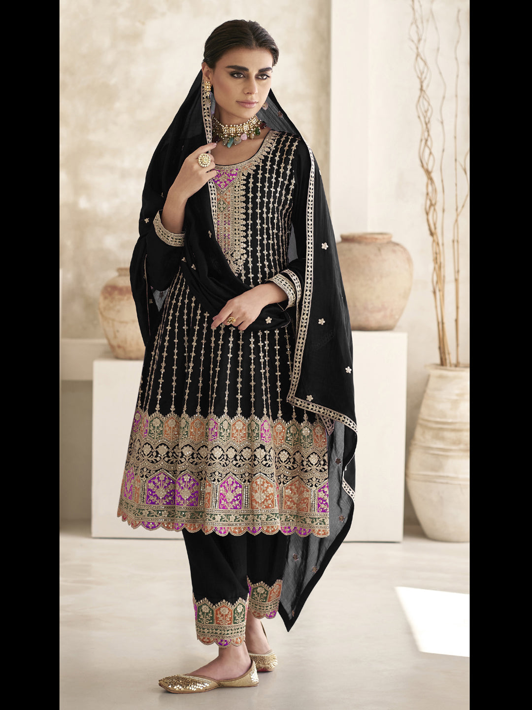 Elegant Black Embroidered Sequins Pant Suit for Women - Traditional Designer Ready-Made Outfit for Weddings, Parties & Special Occasions