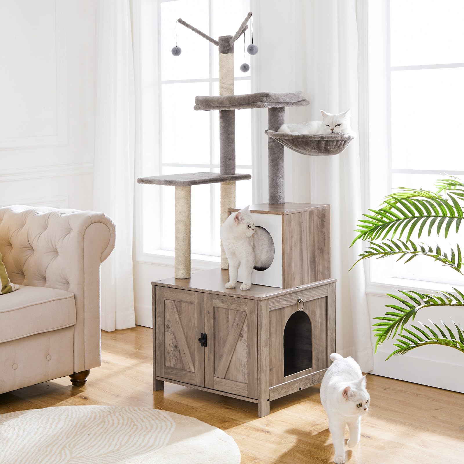 HOOBRO Wooden Cat Tree Tower with Litter Box Enclosure - All-in-One Indoor Cat Furniture with Scratching Posts, Hidden Litter Box & Cat House - Perfect for Small Spaces & Multi-Cat Homes (Greige BG15MZ03) | Ideal for Apartments, Living Rooms & Pet-Friendly Spaces