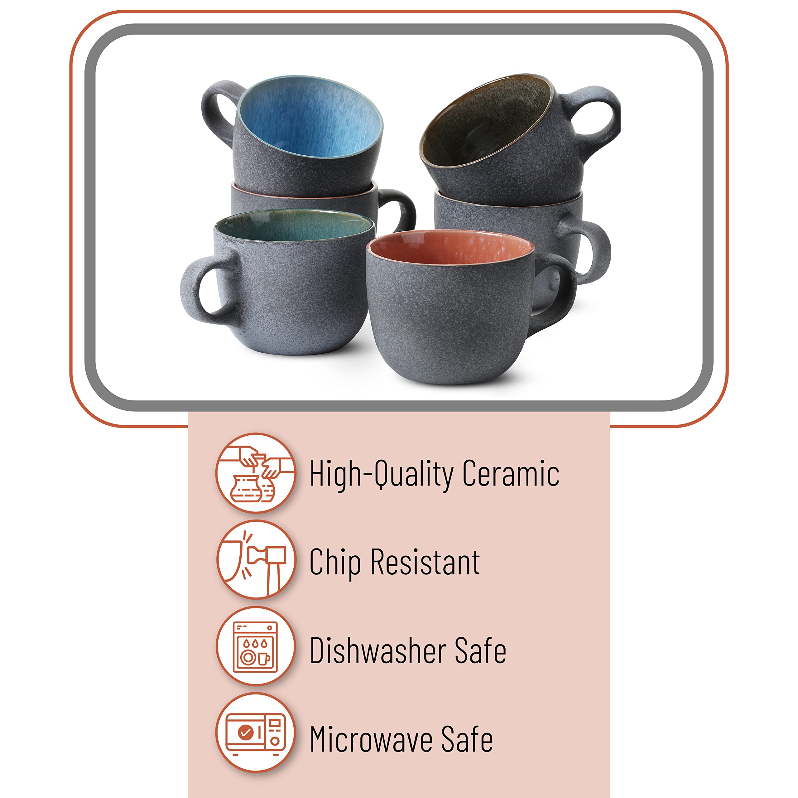 BTaT 14oz Ceramic Coffee Mug Set of 6 - Durable Coffee Cups for Home, Office & Restaurant Use - Perfect for Hot/Cold Beverages, Tea & Espresso
