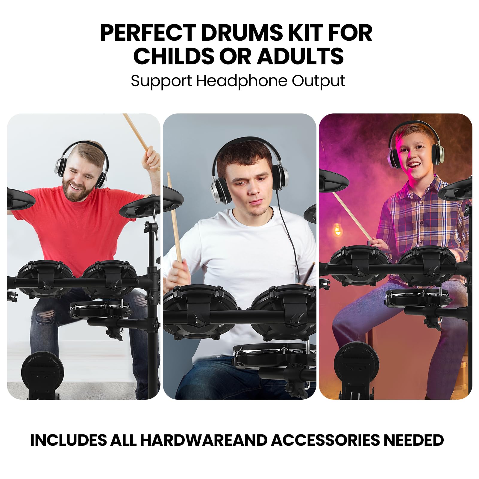 **Best Electric Drum Set for Beginners - 390 Sounds, 30 Songs & 35 Drum Kits | Silent Mesh Kit with Pedals, Drum Throne, Sticks & Headphones | USB MIDI for Home Practice & Studio Recording**