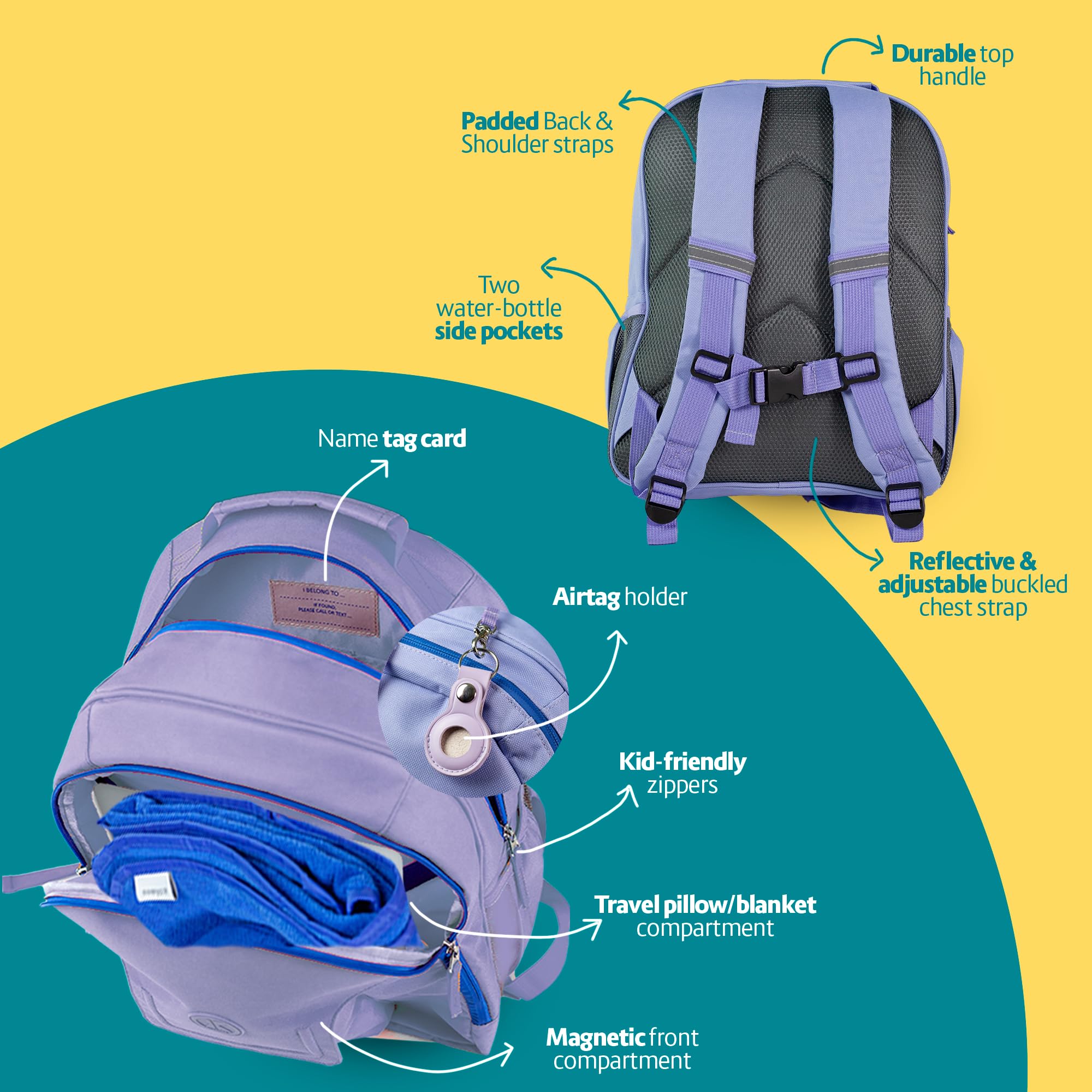 3pc Kids Travel Backpack Set with Blanket & Pillow - AirTag Holder Included - Toddler Road Trip Essentials for Ages 4-10 - Purple Backpack for Airplane, Car Rides & Sleepovers