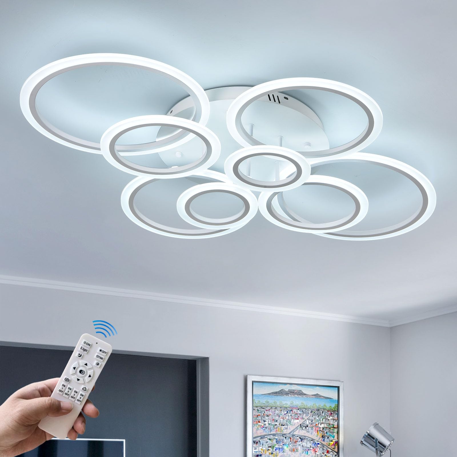 41 Inch Modern LED Flush Mount Ceiling Light - Dimmable 8 Ring White Fixture with Remote Control for Living Room, Bedroom, Kitchen & Dining Room | Perfect for Ambient Lighting and Home Decor