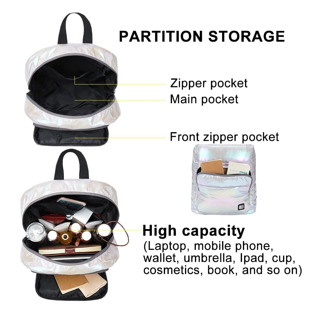 Stylish Women's Small Quilted Nylon Backpack Purse - Lightweight Water-Resistant Iridescent Puffy Daypack for Work, Travel & Casual Outings