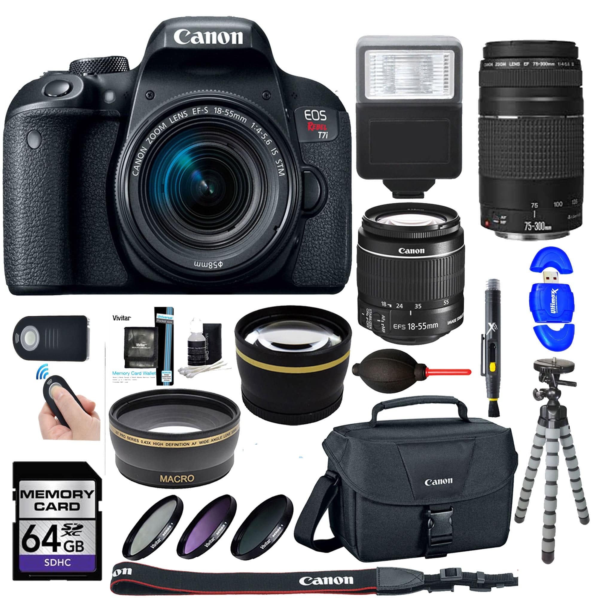 Canon EOS Rebel T7i/800D DSLR Camera Bundle with 18-55mm & 75-300mm III Lenses, 64GB Memory Card, DSLR Bag, Wide Angle & Telephoto Lenses, Flash, Remote - Perfect for Travel Photography, Portrait Shoots & Vlogging