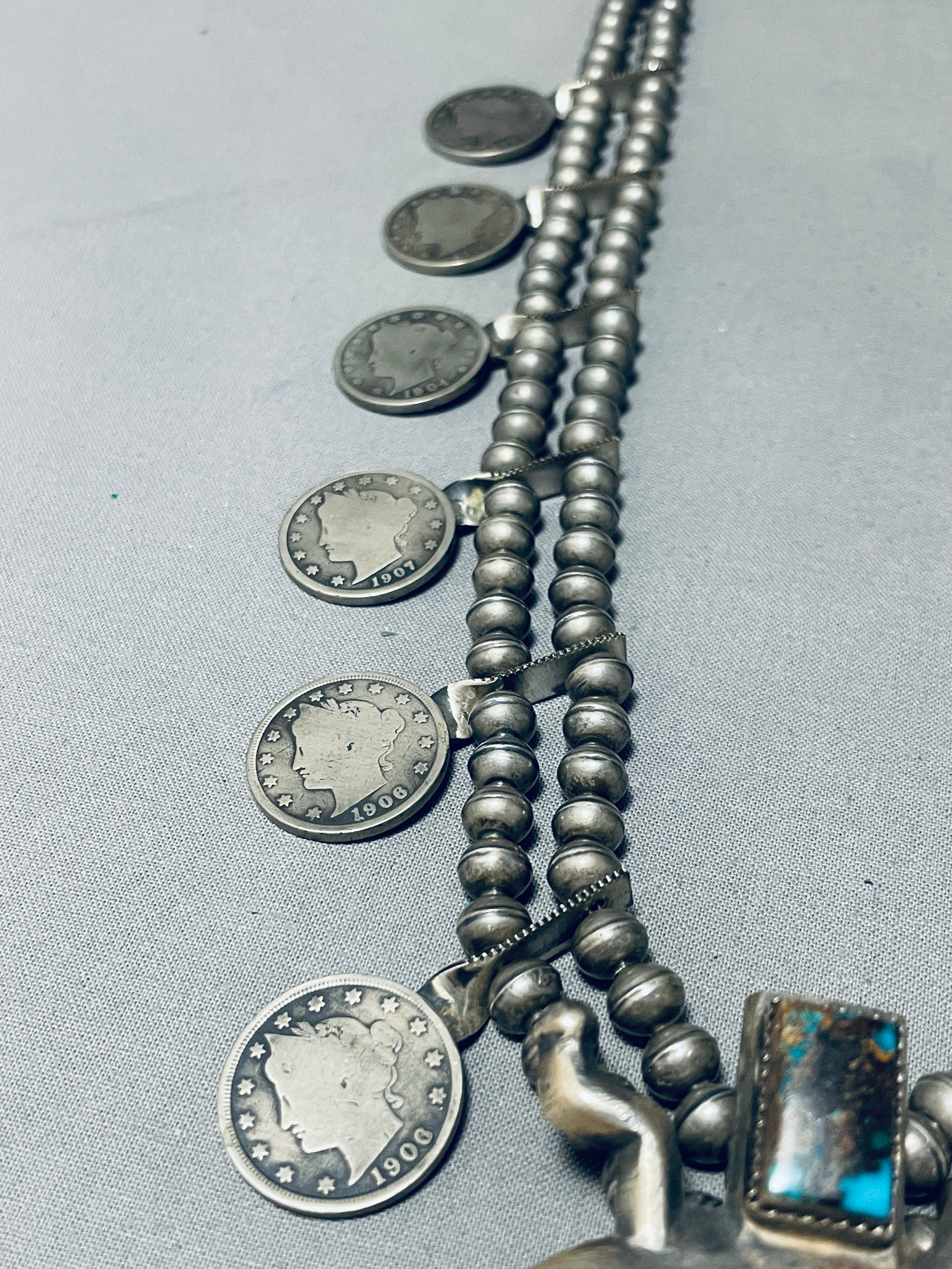 202 Gram Bisbee Turquoise Vintage Native American Navajo Sterling Silver Squash Blossom Necklace - Handmade Southwest Jewelry for Women, Boho Fashion Accessory, Perfect for Weddings & Special Occasions