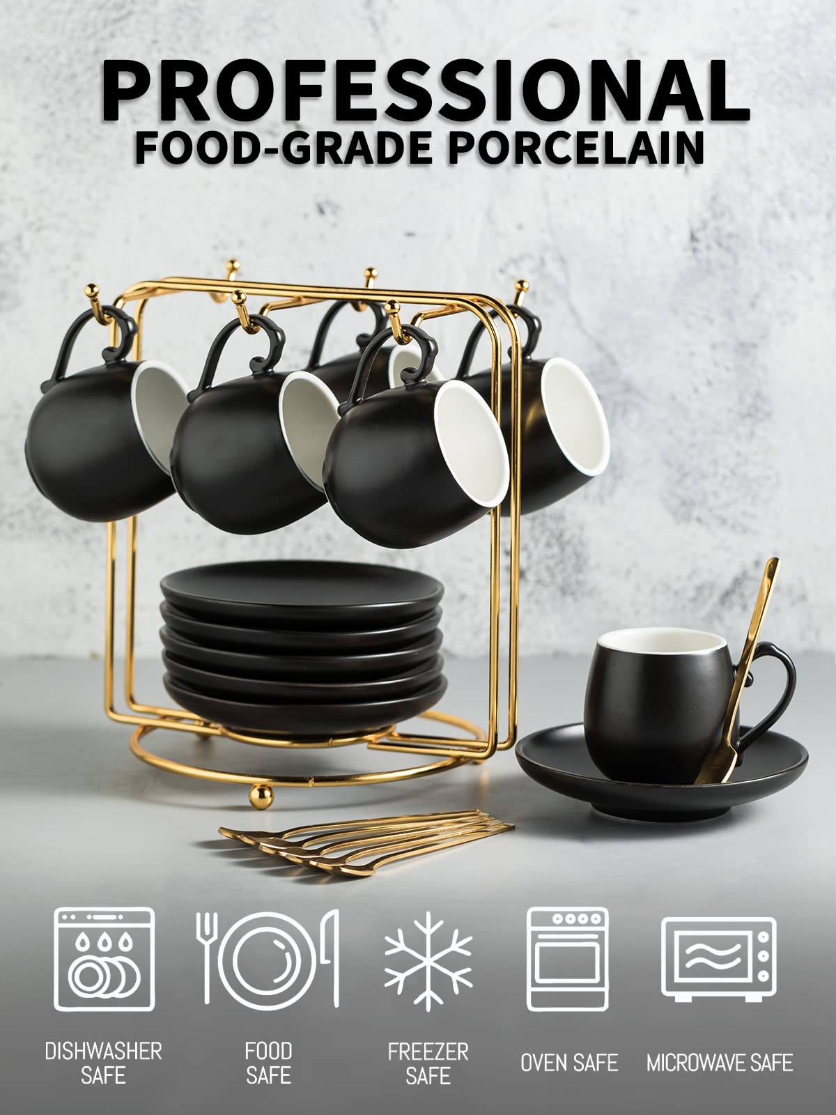 LYEOBOH 6-Piece Ceramic Espresso Cups and Saucers Set with Spoons & Metal Stand - 3oz Small Demitasse Coffee Mugs for Cappuccino, Latte, Tea - Perfect for Home Cafes, Coffee Shops & Gifts (Black)