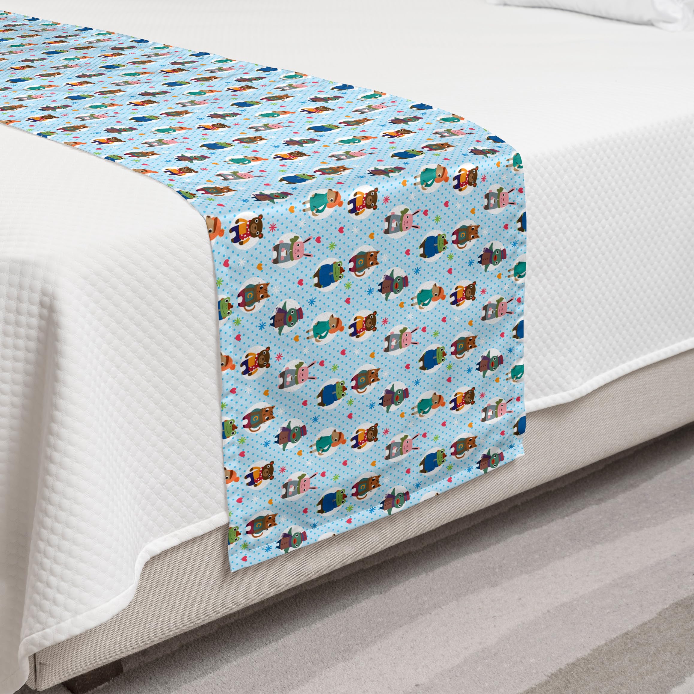 Ambesonne Cartoon Animal Bed Runner - Winter Clothing & Coffee Design on Dotted Background, Decorative Bed Scarf for Twin Beds - Perfect for Hotels, Homes & Guestrooms (Multicolor) | Cozy Winter Bedroom Decor & Hospitality Accent