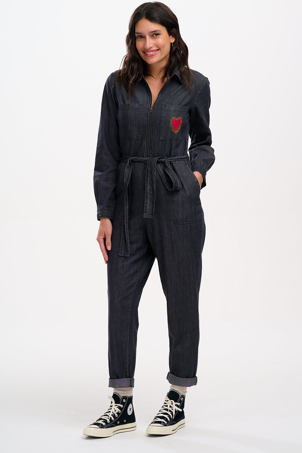 Anwen Boilersuit Jumpsuit for Women - Washed Black with Heart Burst Print - Comfortable Workwear Coveralls for Mechanics, Painters & DIY Projects