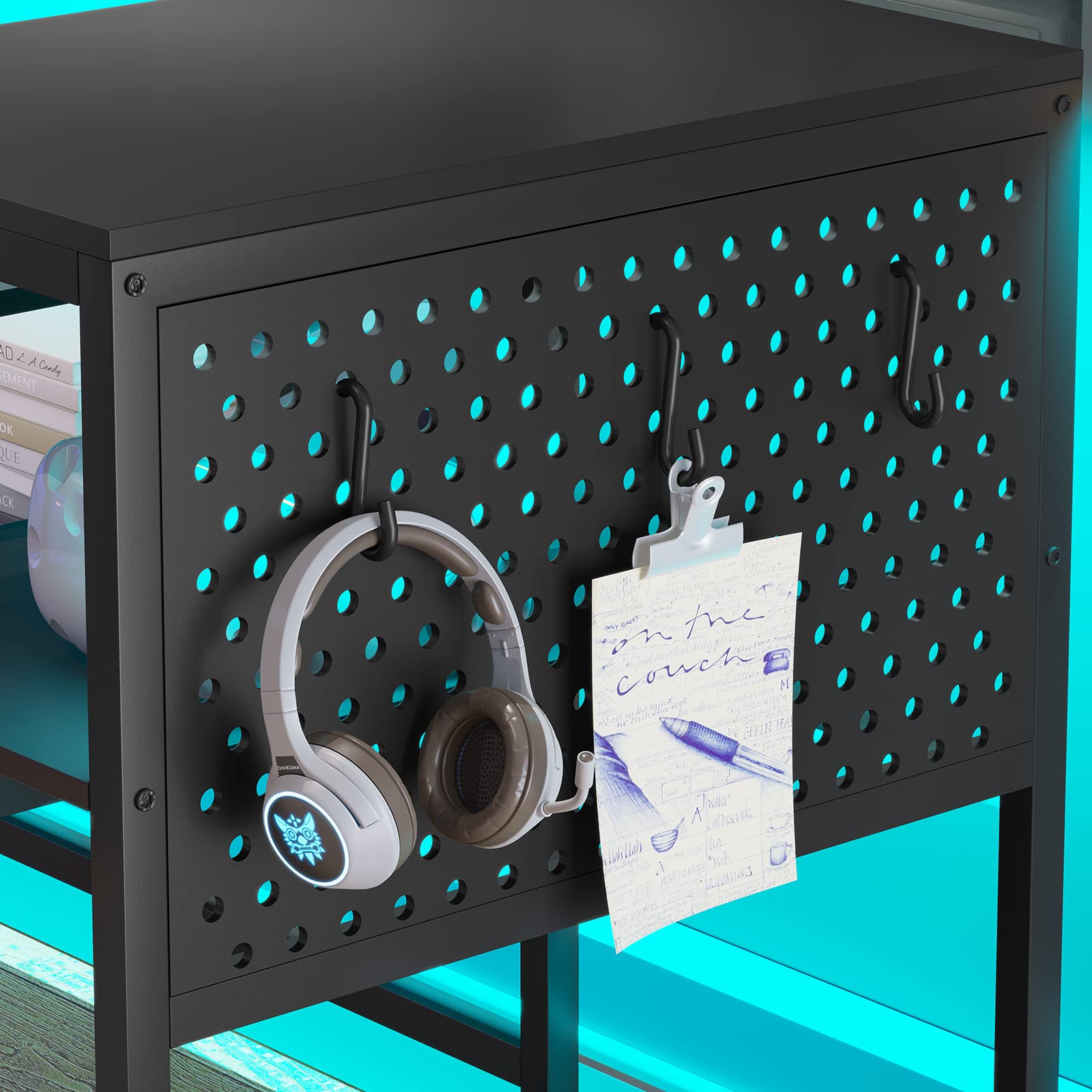 SEDETA L-Shaped Gaming Desk with Power Outlets & LED Lights - Reversible Computer Desk with Monitor Shelf, Keyboard Tray, Pegboard & Storage Shelves - Perfect for Home Office, Gaming Setup & Workstation (Black)