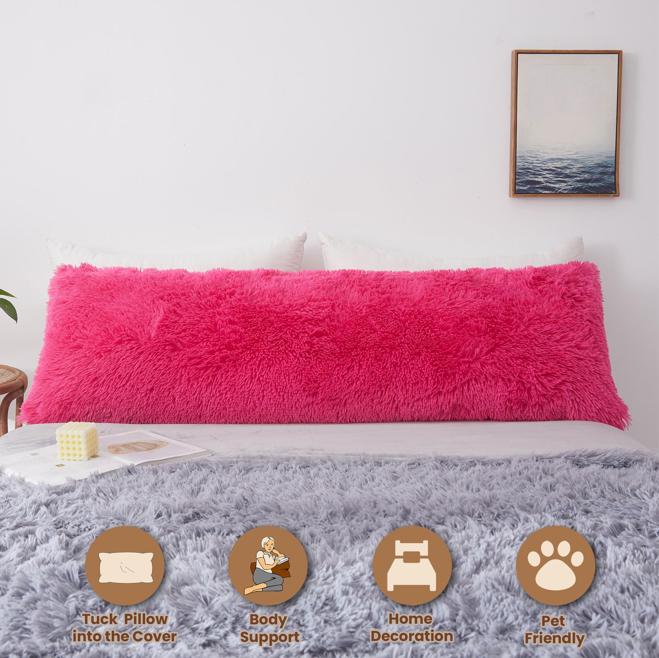 Luxury Fluffy Body Pillow Cover 20x54 Inches - Soft Shaggy Faux Fur Pillowcase with Zipper Closure - Plush Fuzzy Decorative Hug Pillow for Bedroom, Couch & Nursery - Hot Pink