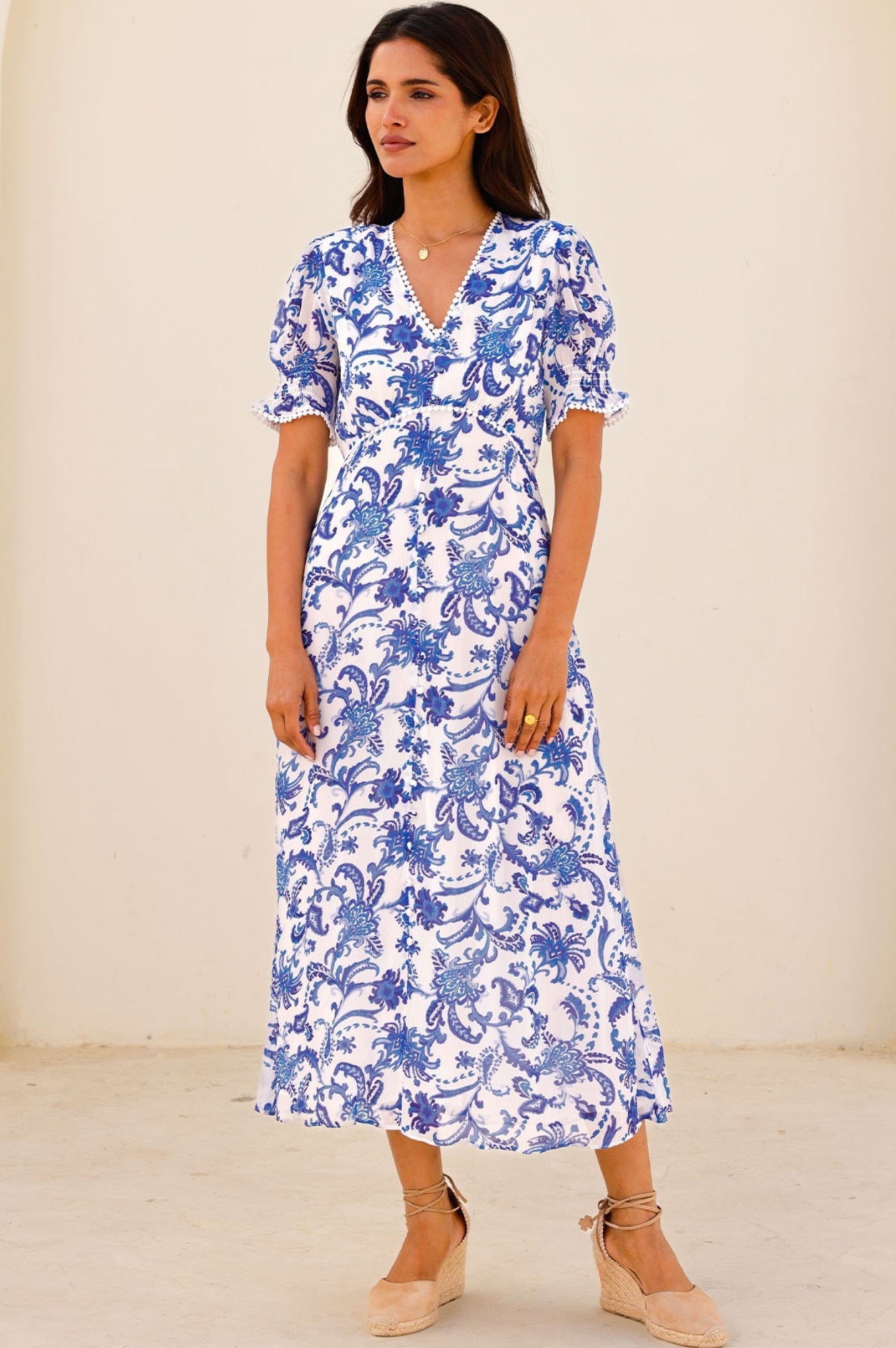 Short Sleeve Sally Anne Dress - Paisley Floral Print in White & Blue | Casual Summer Dress for Women, Perfect for Beach Outings and Garden Parties
