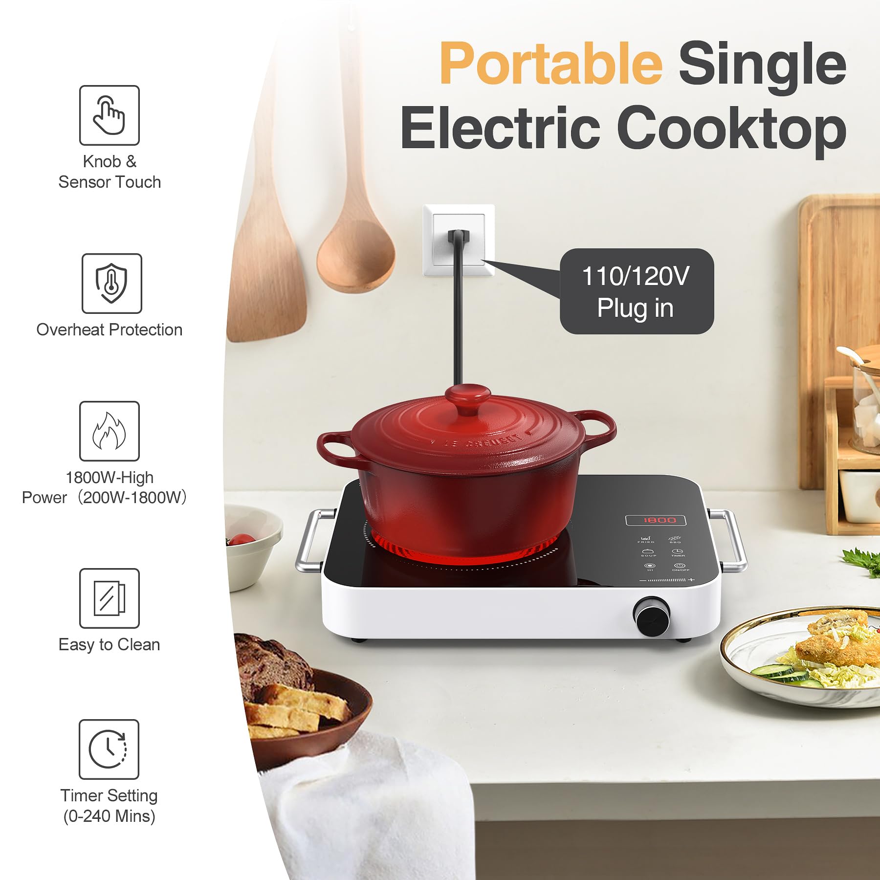 1800W Single Burner Electric Cooktop with Knob Control - Portable 110V Stove Top with Double Ring Heating, 2 Handles & 4-Hour Timer - Perfect for Dorm Rooms, Small Kitchens & RV Cooking