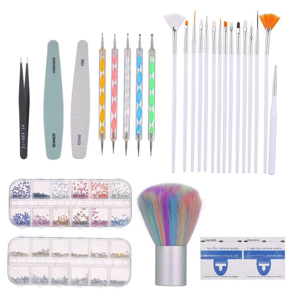 Professional Nail Art Kit with Dual-End Dotting Pens, Nail File, Buffer, 12 Colors Rhinestones, Nail Dust Brush & Tweezers - Perfect for DIY Manicures, Salon Nail Art & Home Nail Care