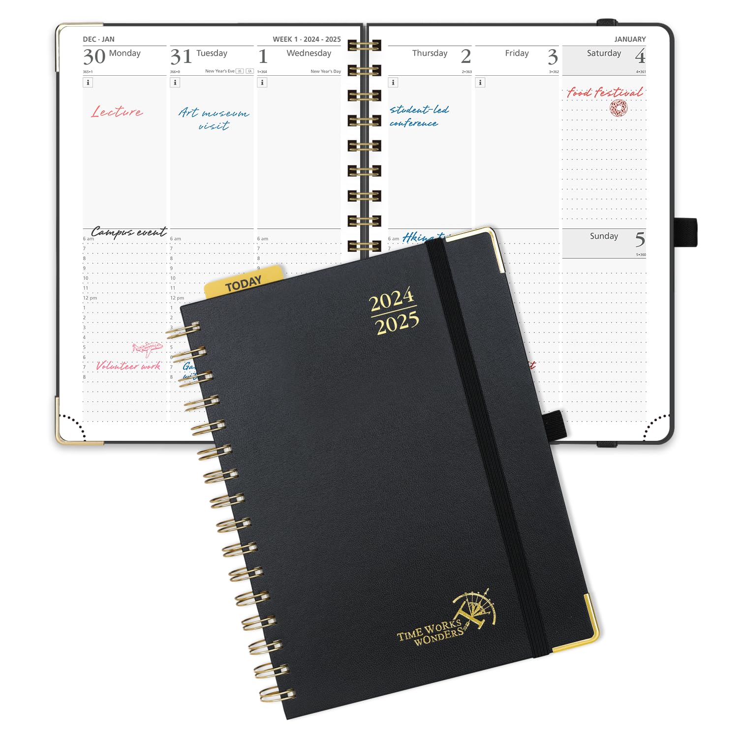POPRUN 2025 Weekly Planner A5 Size (26.5x21.5 cm) - 17-Month Spiral Bound Diary from August 2024 to December 2025 - Vertical Appointment Book for Work, School & Personal Organization - Black Mid-Year Planner for Professionals & Students