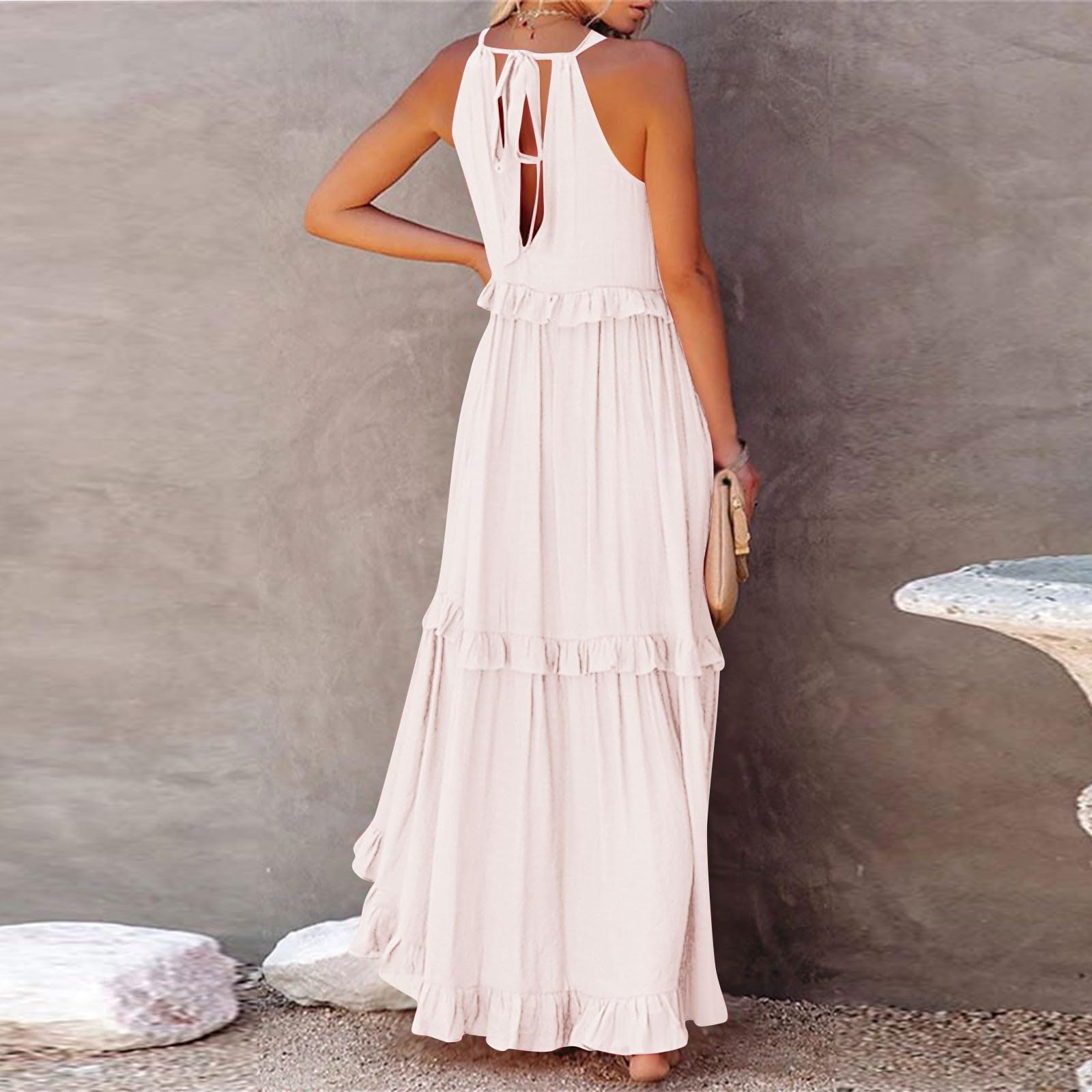 Women's Halter Neck Smocked Tiered Maxi Dress - Flowy Swing Summer Cocktail & Wedding Guest Dress with Pockets | Beach Party, Garden Wedding, Formal Occasions