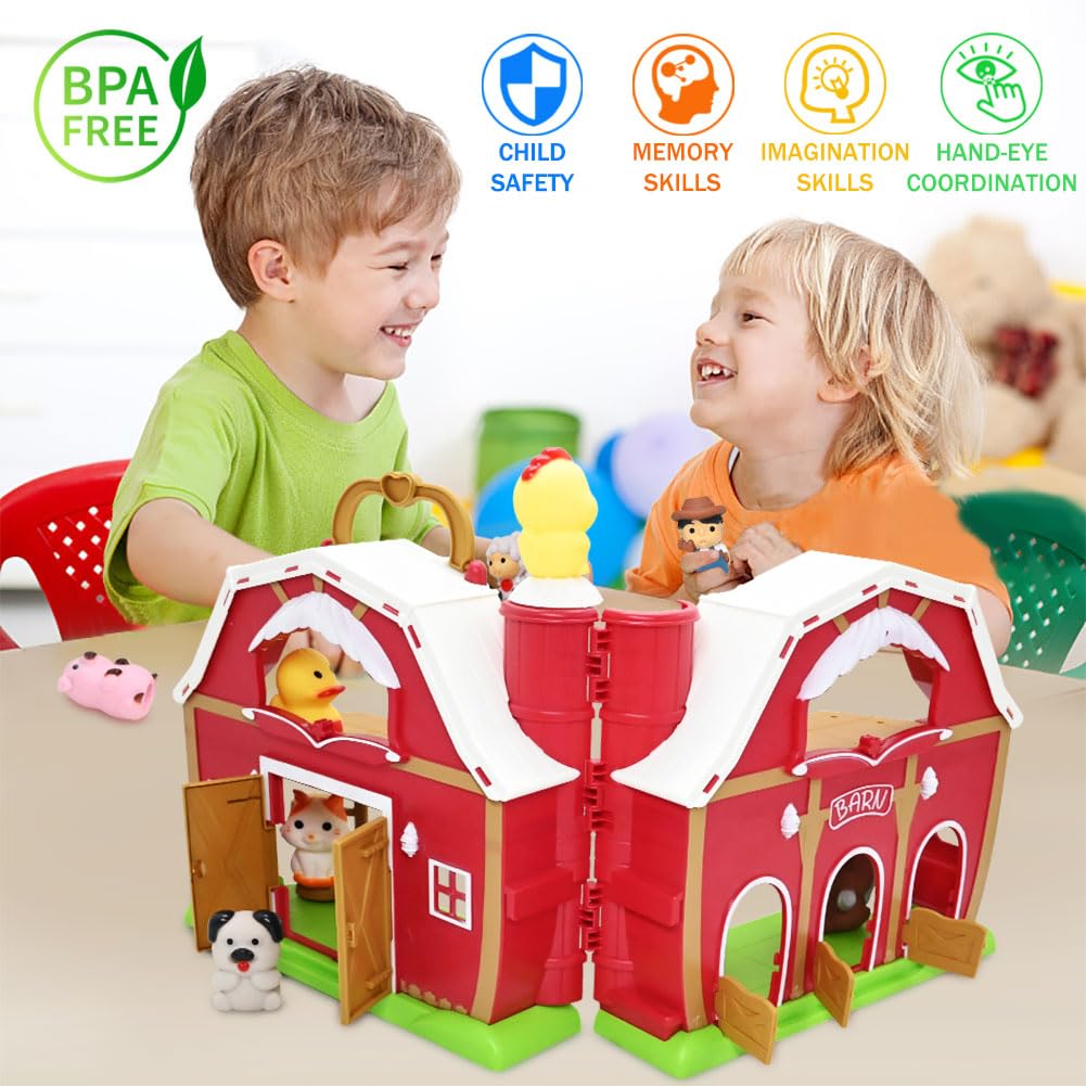 Big Red Barn Toy Farm Animal Finger Puppets Set for Kids Ages 1-5 Years Old - Pretend Play Farm with Barn, Farmer & Animals - Montessori Learning Toys for Toddlers Boys & Girls - Perfect for Preschool Education, Birthday Gifts & Interactive Storytelling Playtime