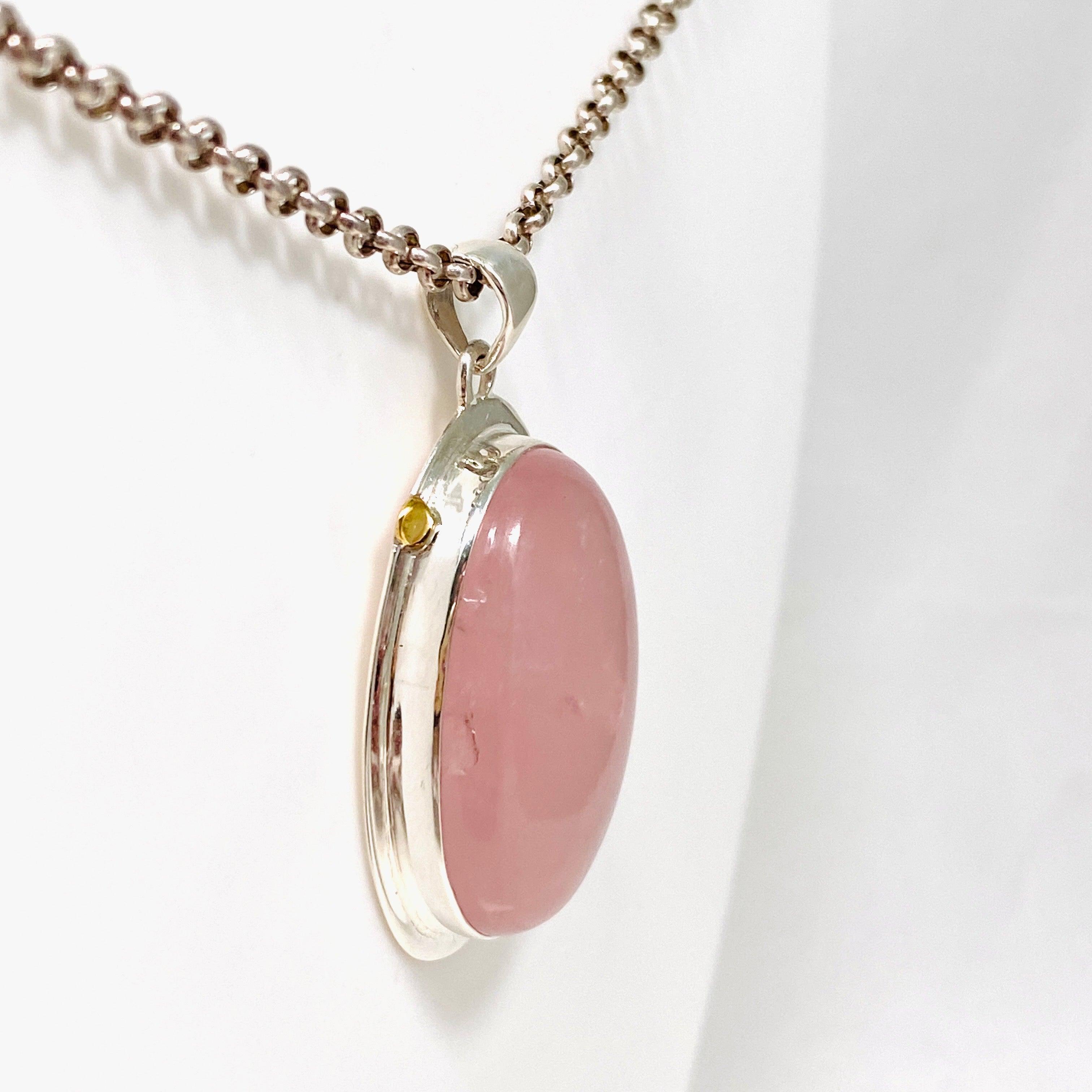 Rose Quartz Oval Pendant Necklace with Brass Accents - KPGJ4312 | Healing Crystal Jewelry for Women, Spiritual Gift & Everyday Elegance