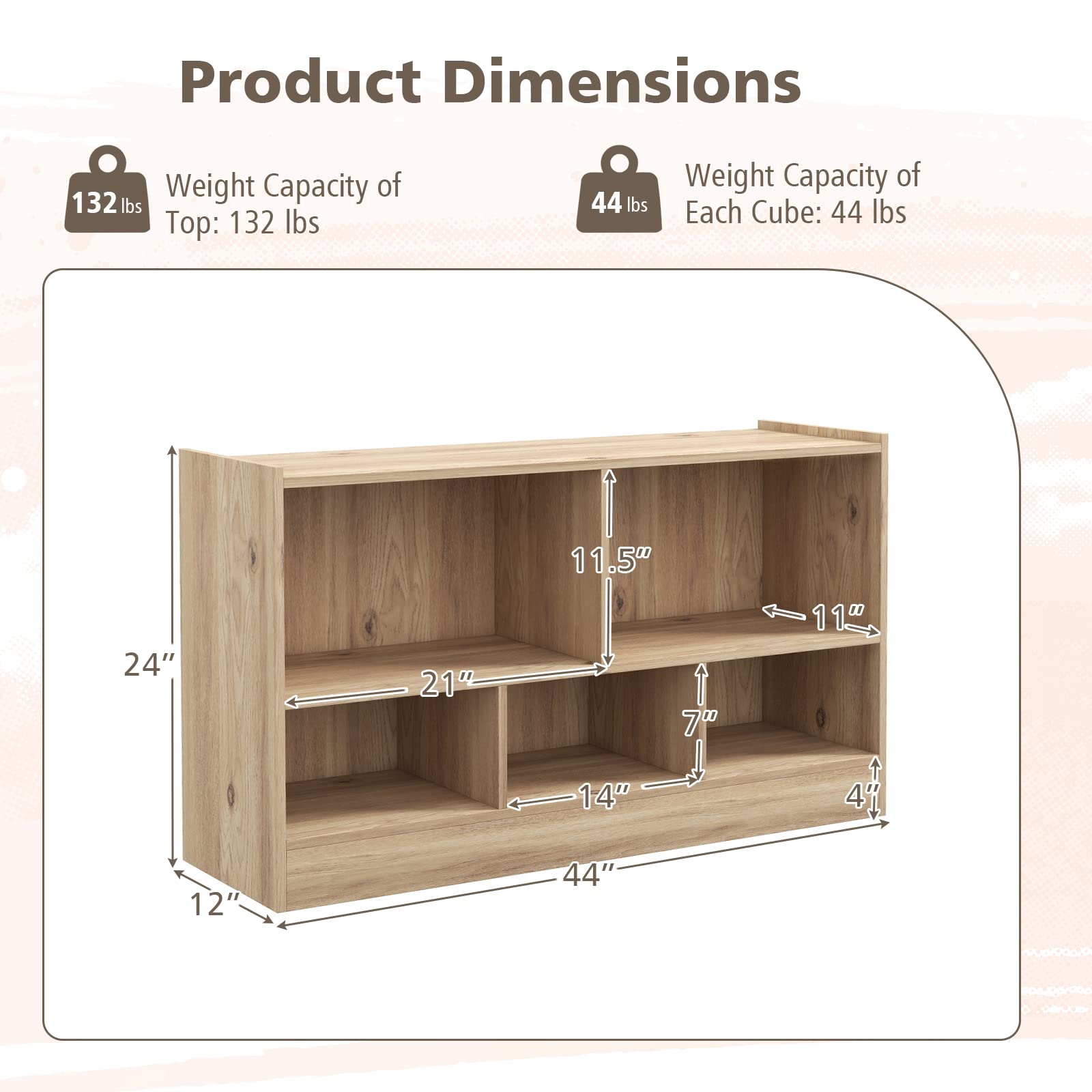 HOMGX 5-Section Wooden Montessori Shelf for Kids - 2-Tier Open Bookshelf & Toy Storage Organizer - Natural Wood Kids Furniture for Playroom, Classroom, Nursery & Bedroom - Perfect for Organizing Books, Toys & Learning Materials