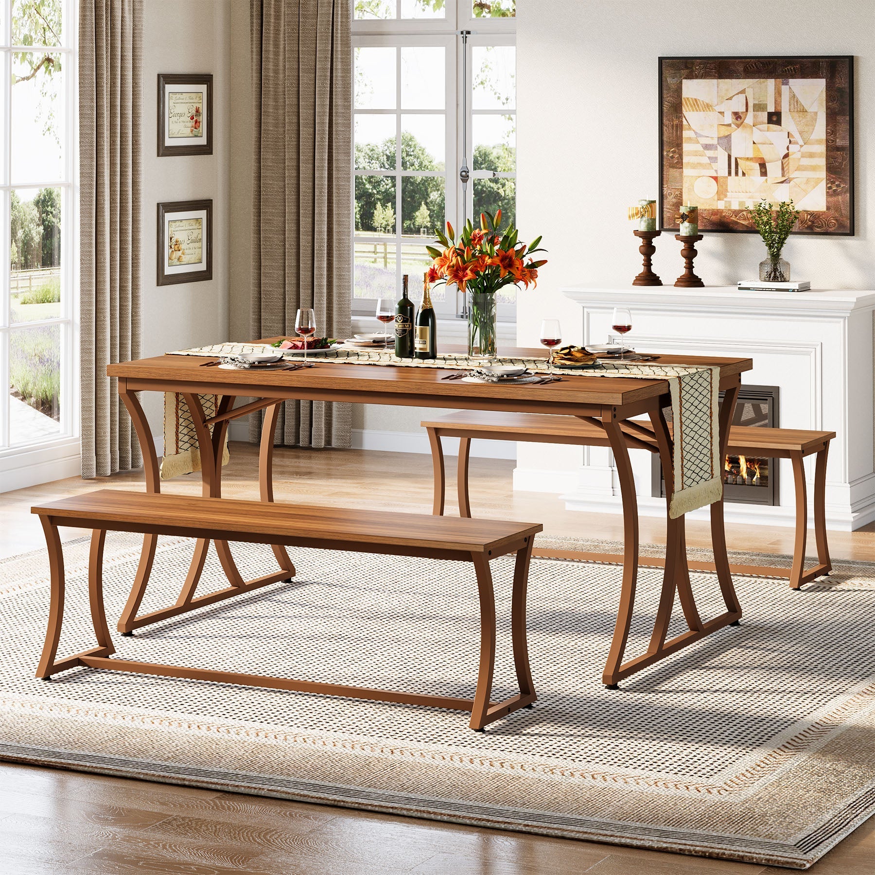 4-Piece 51-Inch Dining Table Set with 2 Benches & Table Runner - Modern Kitchen Furniture for Small Spaces, Perfect for Breakfast Nook, Apartment Dining or Outdoor Patio