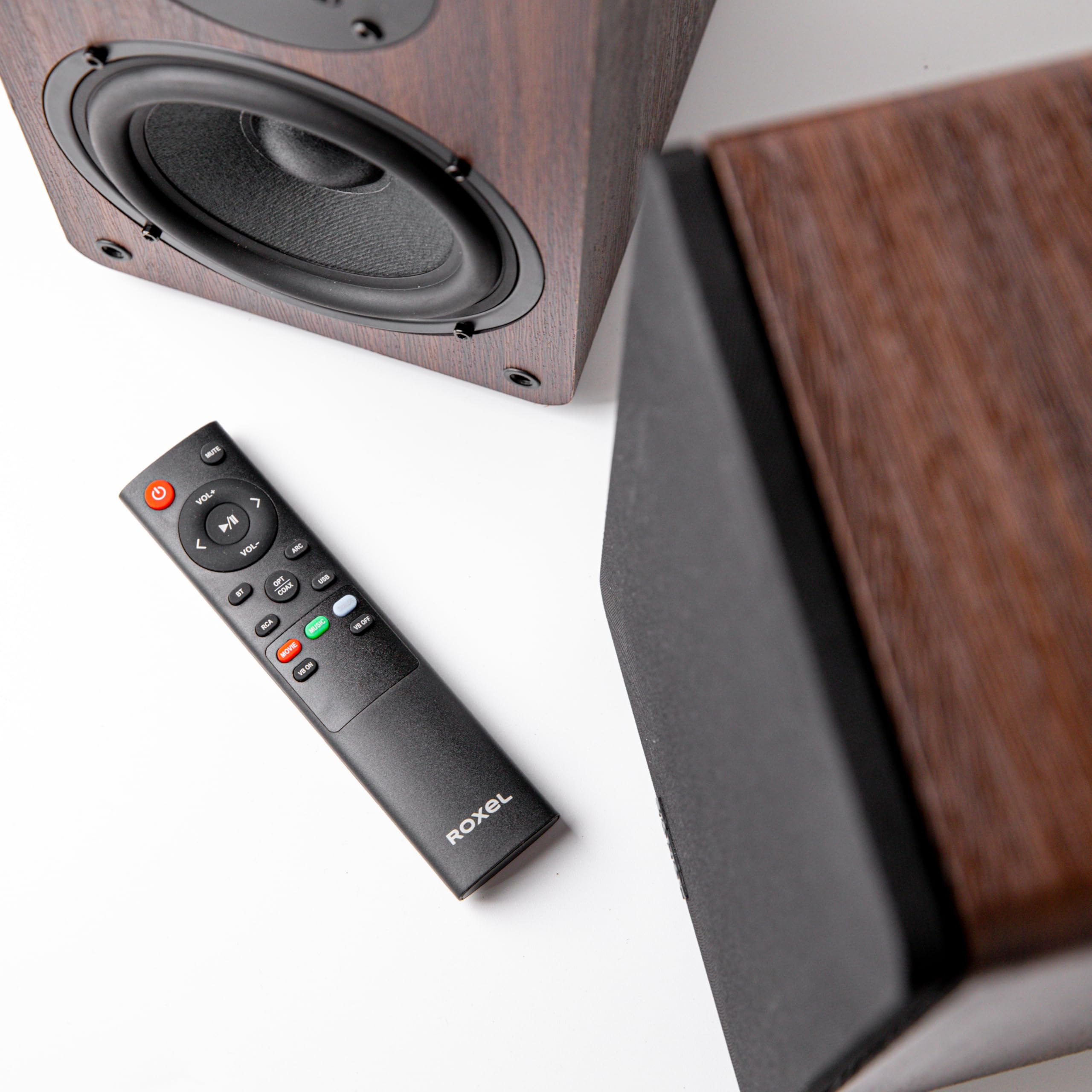 Roxel Onyx Active Bookshelf Speakers - 100W RMS Power, Bluetooth 5.0 Wireless Streaming, HDMI ARC, 3m Speaker Cable - Premium Sound for Home Theater, Movies, Music & Office - Walnut Finish - Perfect for Living Room, Gaming Setup & Workspace Entertainment