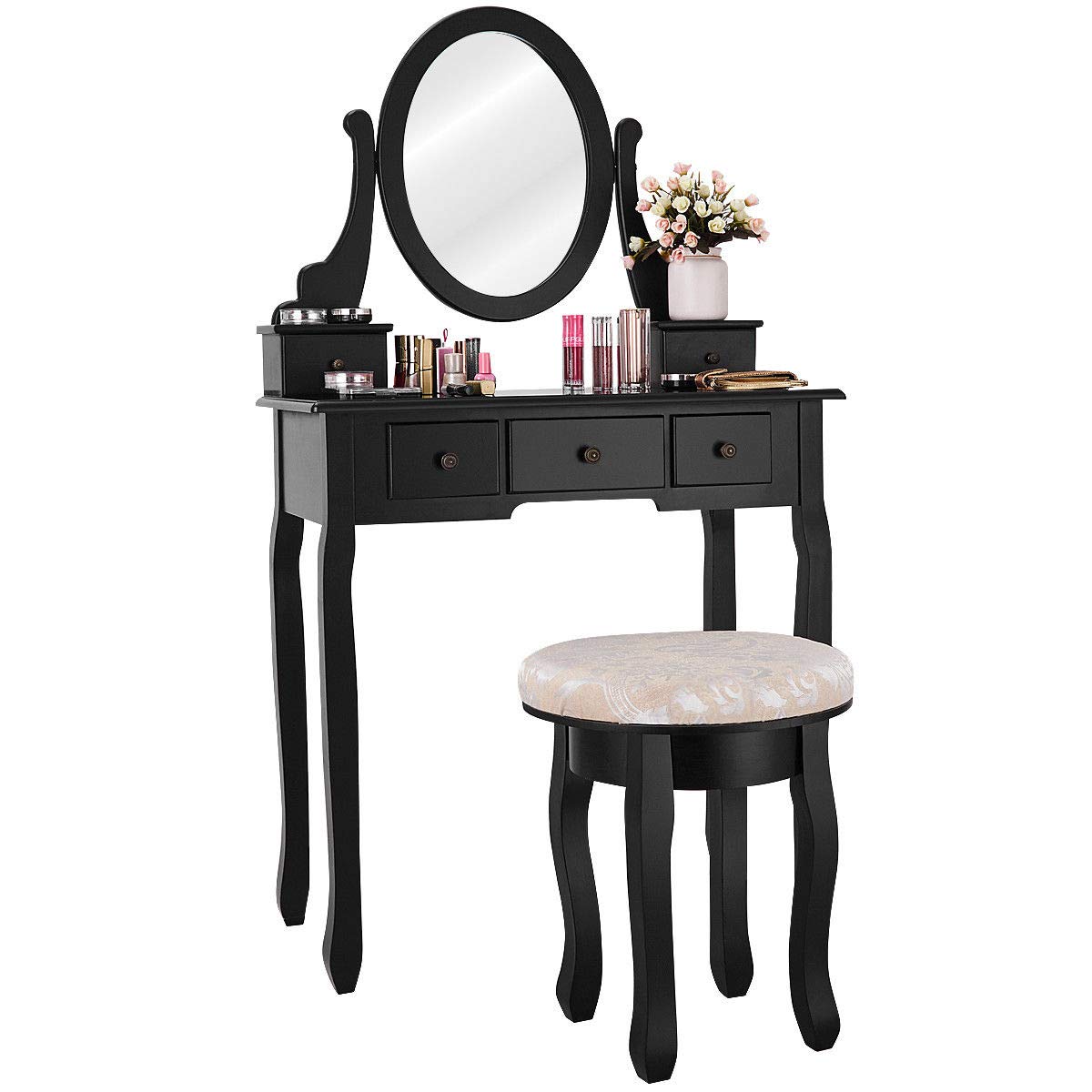 Giantex Vanity Makeup Table Set with Swivel Mirror & Cushioned Stool - 5 Drawer Dressing Table for Bedroom, 360° Rotating Wooden Vanity Desk (Black) - Perfect for Makeup Organization, Dressing Room & Small Space Decor