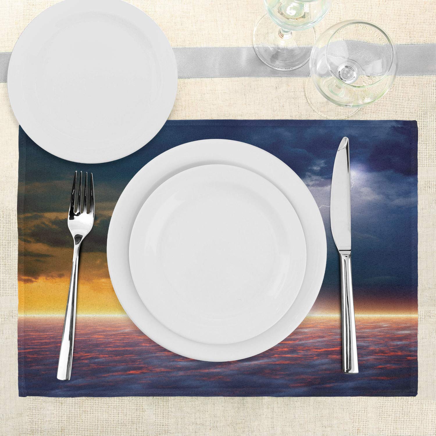 Ambesonne 4-Piece Nature Placemats Set - Apocalyptic Sky View Solar Print Washable Fabric Dining Table Mats - Orange & Blue Standard Size for Home Decor, Kitchen, and Outdoor Picnics
