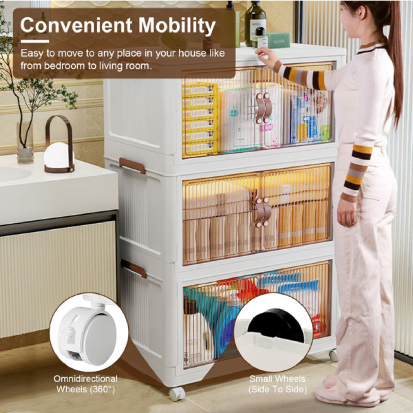 3 Pack Foldable Storage Boxes with Lids - Stackable Closet Organizers with Magnetic Front Door & 4 360° Rotating Wheels | Perfect for Bedroom, Closet, Office Organization & Home Storage Solutions