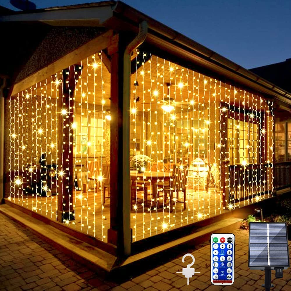 2 Pack Solar Curtain Lights Outdoor - 300 LED Waterproof Fairy String Lights with Remote & 8 Modes | Solar Powered Garden Lights for Gazebo, Patio, Party, Wedding, Christmas Decor (Warm White) | Perfect for Backyard, Balcony, Festival & Holiday Lighting
