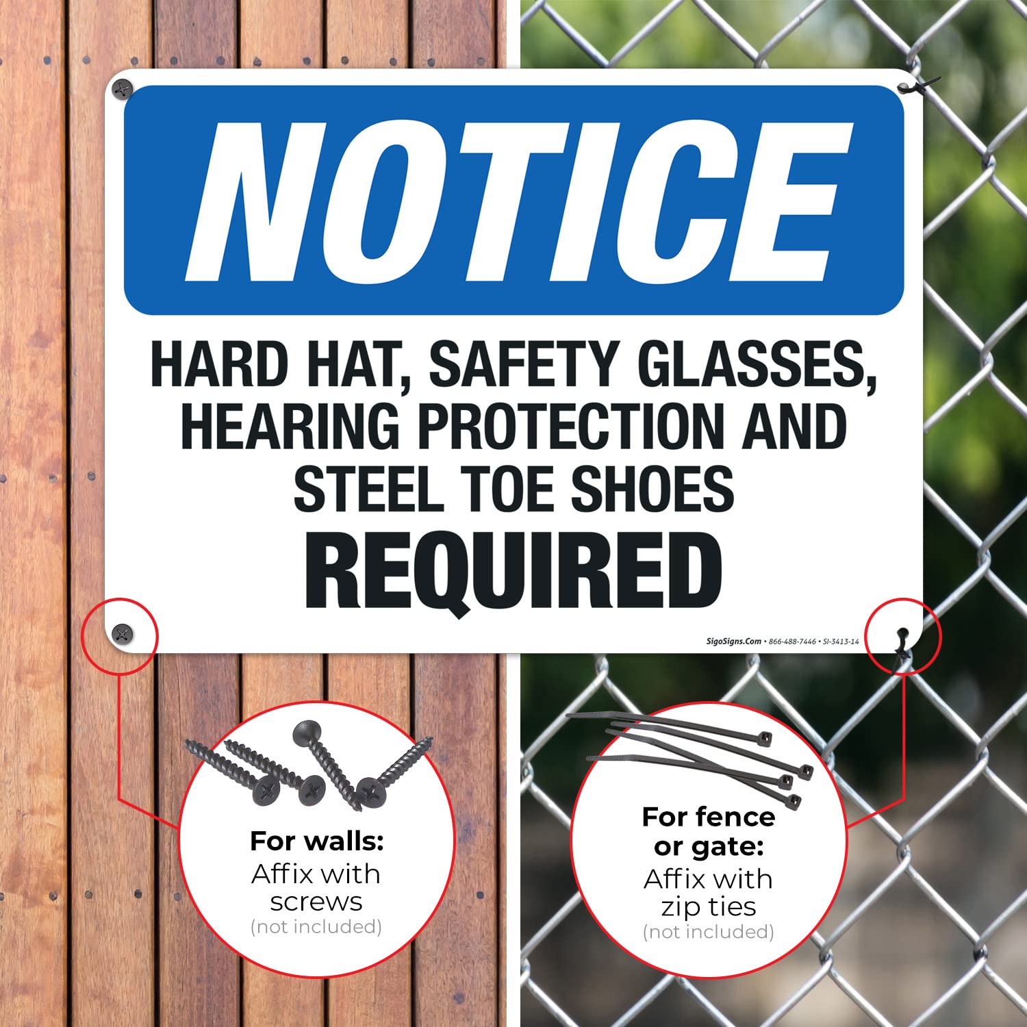 OSHA Compliant Safety Sign - Hard Hat, Safety Glasses, Hearing Protection & Steel Toe Shoes Required - 10x14 Inch Rust-Free .040 Aluminum Sign - Fade Resistant for Indoor/Outdoor Use - Made in USA - Perfect for Construction Sites, Warehouses & Industrial Workplaces