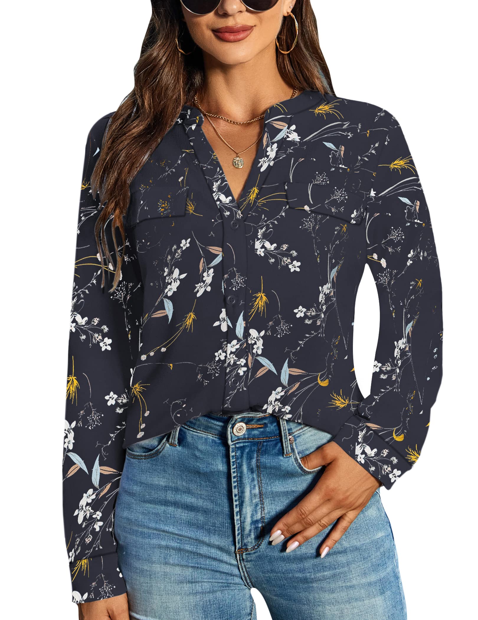 Chigant Women's Floral Chiffon Blouse - V Neck Loose Button Down Tunic Top with Cuffed Sleeves for Work & Business Casual | Office Wear, Date Night, Spring Outfits