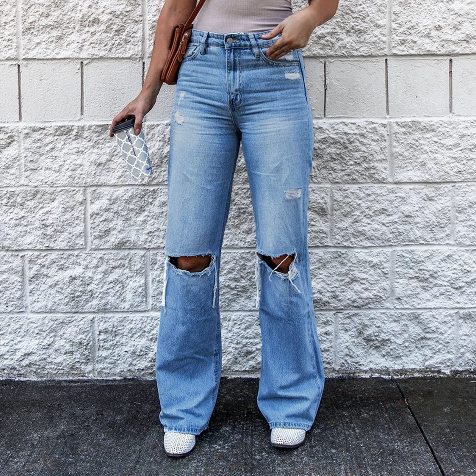 Trendy Y2K Women's Distressed Wide Leg Jeans - Mid Rise Ripped Boyfriend Denim Pants for Casual Outfits & Streetwear Fashion