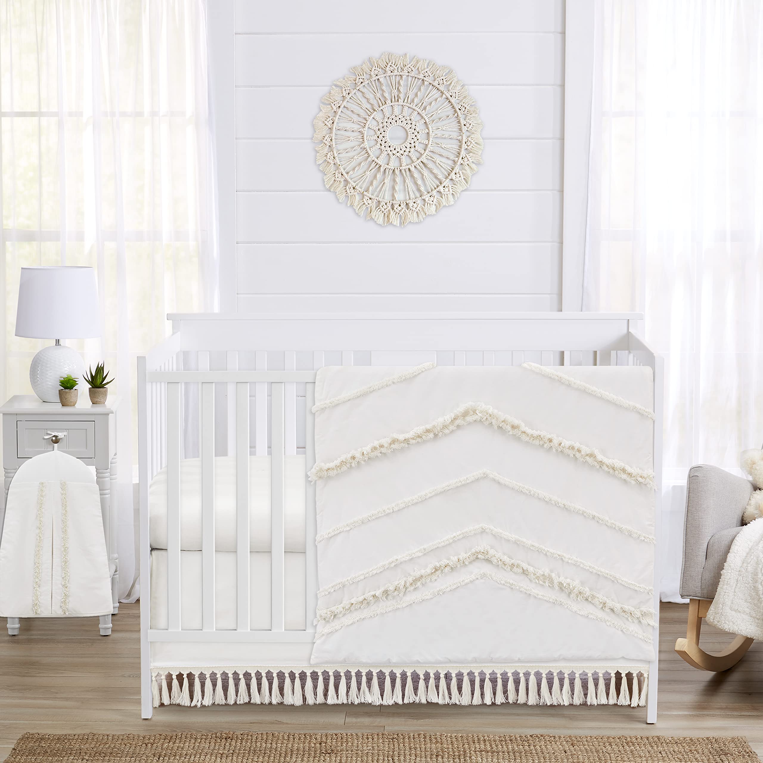 Sweet Jojo Designs 4-Piece Baby Crib Bedding Set - Ivory Boho Style for Boys & Girls | Includes Blanket, Fitted Sheet, Skirt & Diaper Stacker | Gender Neutral Nursery Decor for Bohemian, Farmhouse & Minimalist Themes | Perfect for Newborns, Infants & Toddlers in Cozy Nurseries
