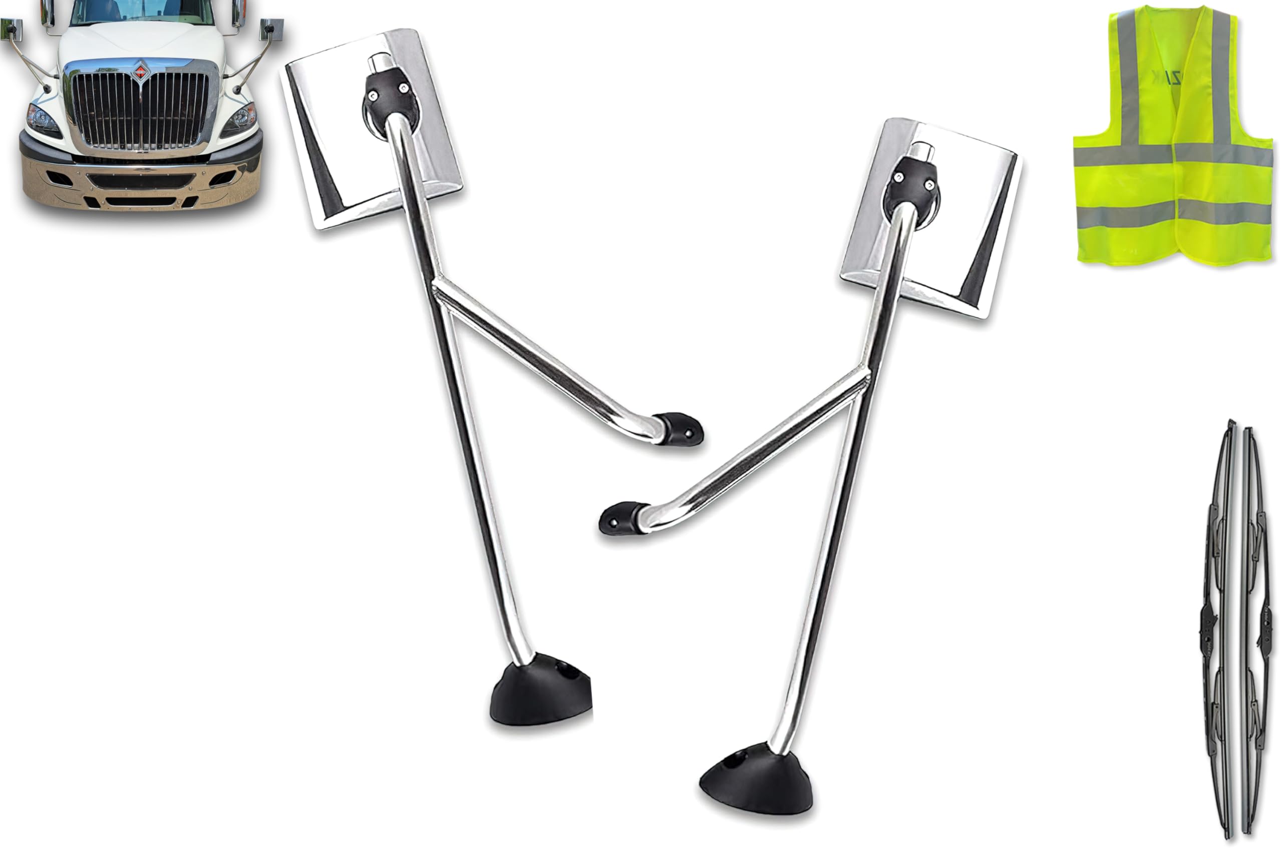 KOZAK Chrome Hood Mirror Pair - Driver Left & Passenger Right Side Set for 2002-2017 International Harvester ProStar | Heavy Duty Manual Adjustable Truck Mirrors with PLUS Logo | Includes 2x22